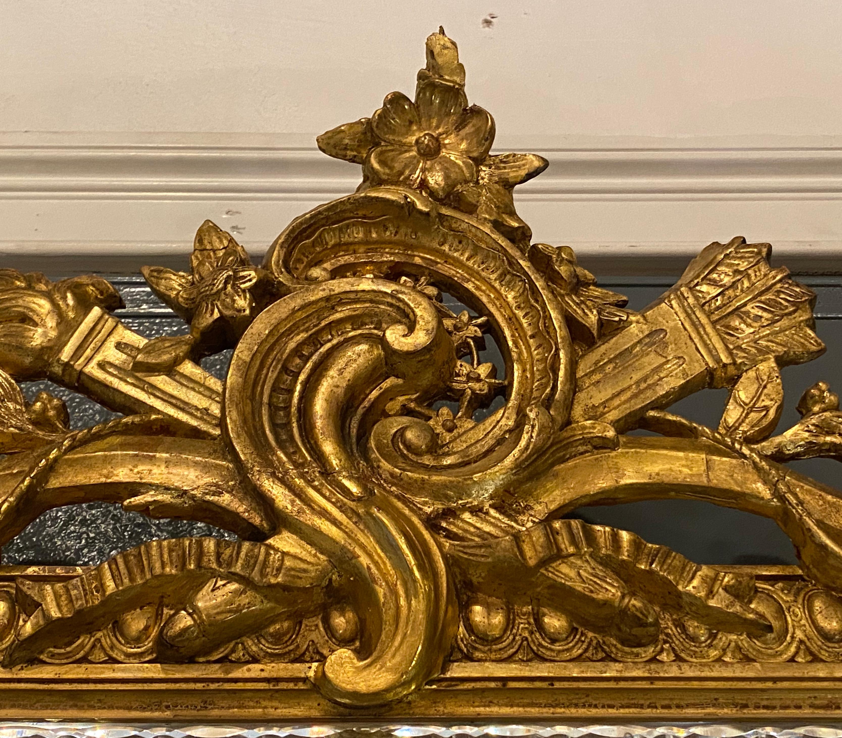 19th Century Wall Or Mantle Mirror Carved Giltwood & Floral Etched Glass Beveled 11