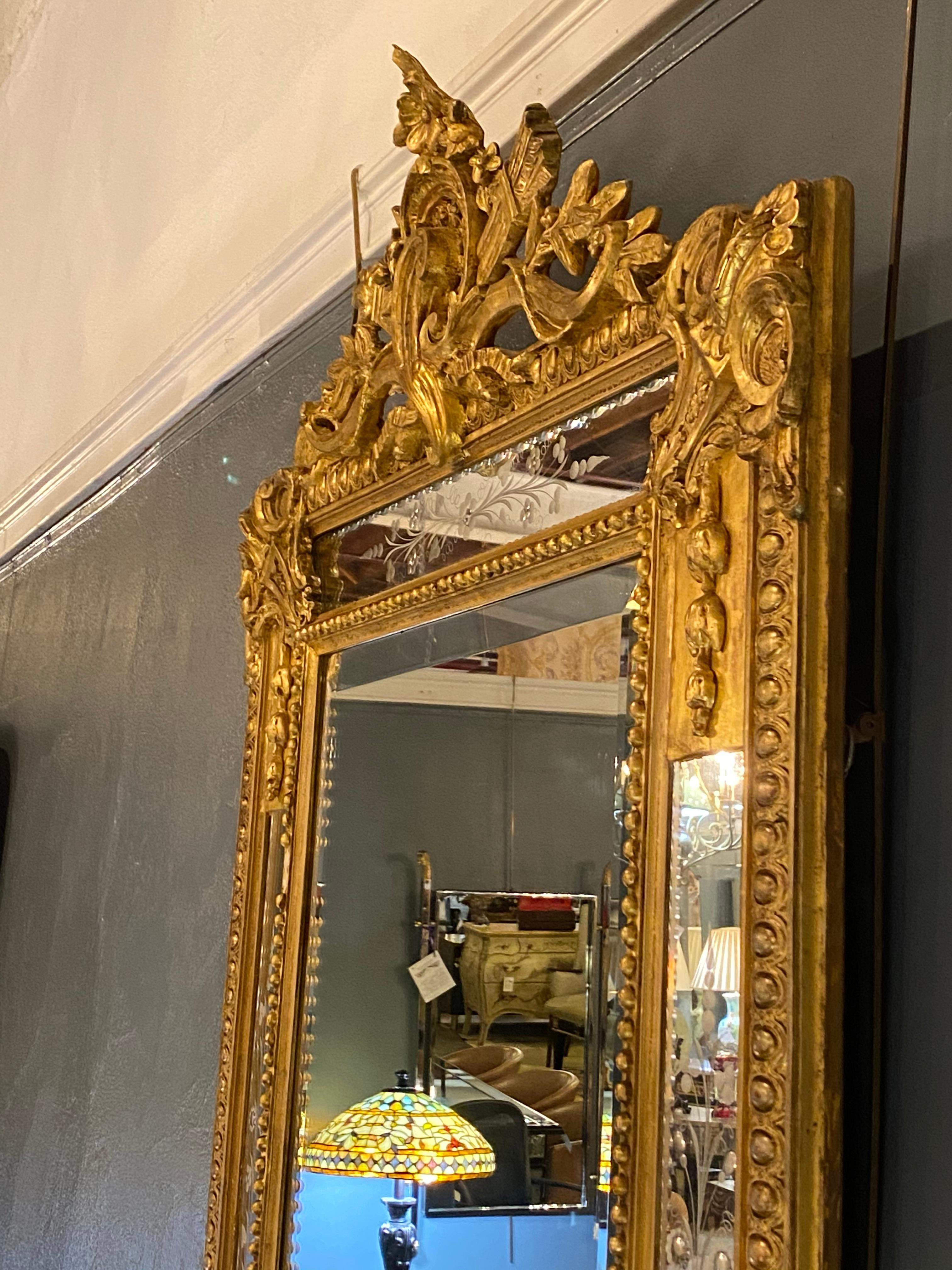 19th Century Wall Or Mantle Mirror Carved Giltwood & Floral Etched Glass Beveled 12