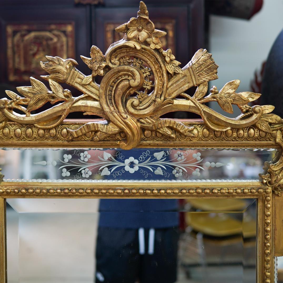 French 19th Century Wall Or Mantle Mirror Carved Giltwood & Floral Etched Glass Beveled