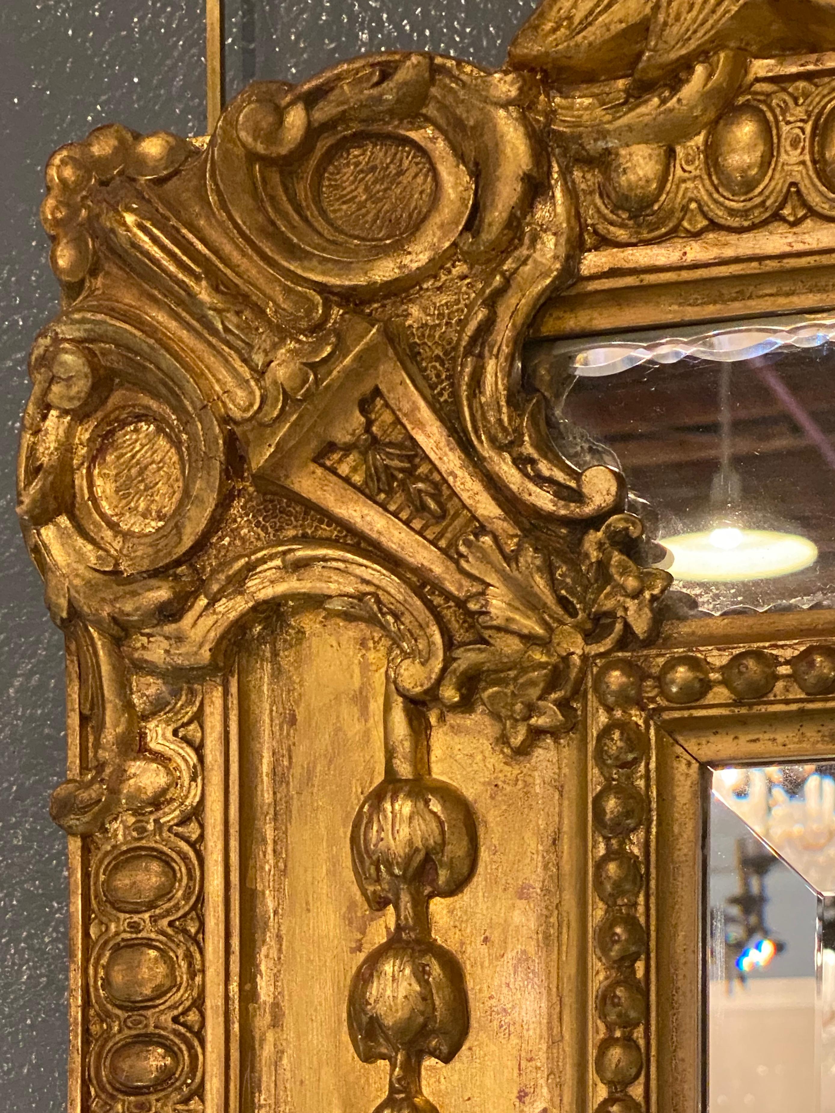 Louis XVI 19th Century Wall Or Mantle Mirror Carved Giltwood & Floral Etched Glass Beveled