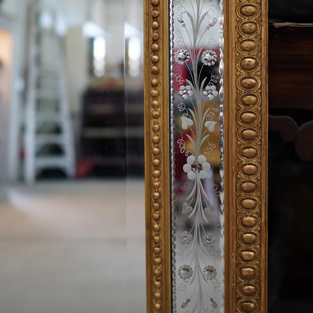 19th Century Wall Or Mantle Mirror Carved Giltwood & Floral Etched Glass Beveled 2
