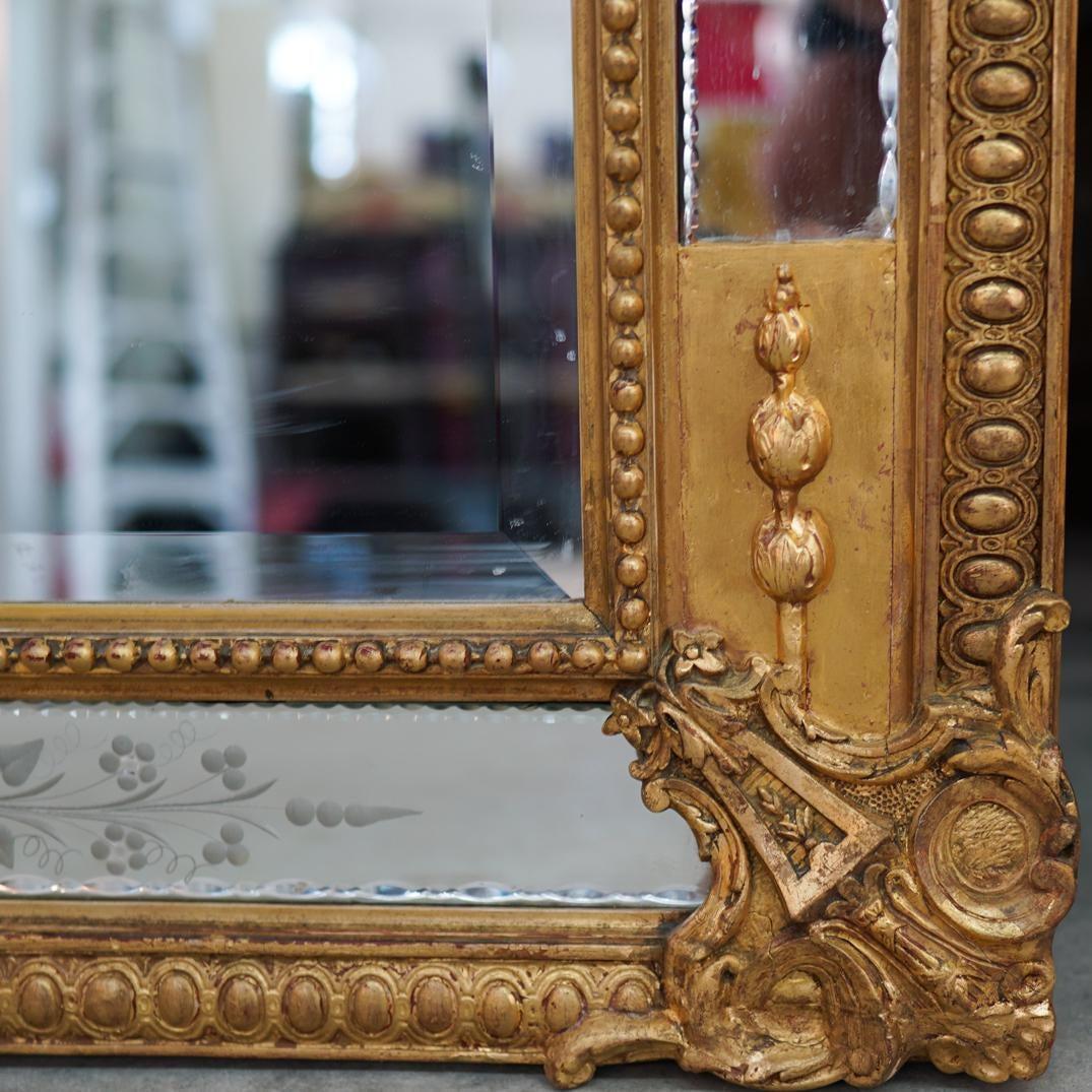 19th Century Wall Or Mantle Mirror Carved Giltwood & Floral Etched Glass Beveled 1