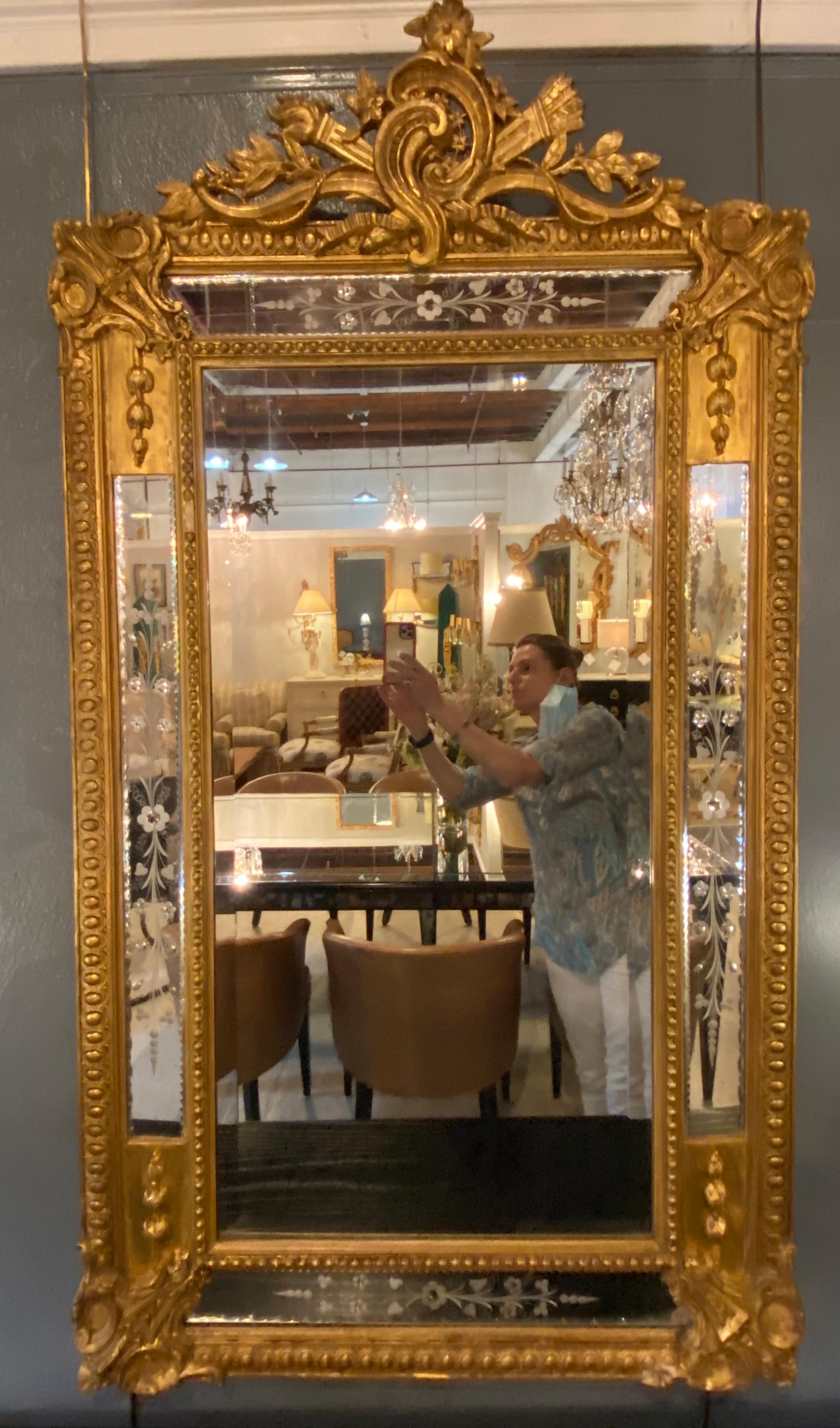 19th Century Wall Or Mantle Mirror Carved Giltwood & Floral Etched Glass Beveled 3
