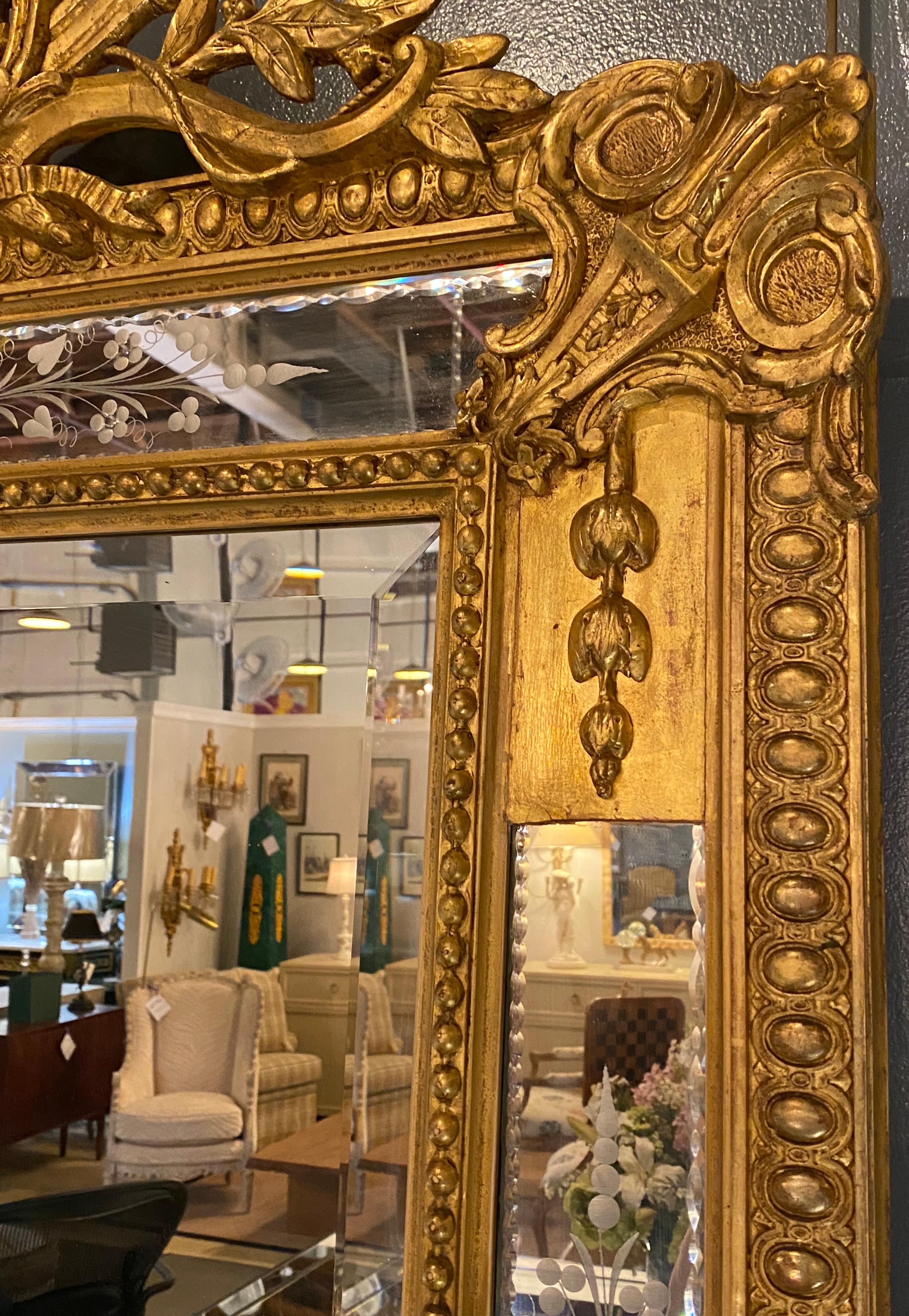 19th Century Wall Or Mantle Mirror Carved Giltwood & Floral Etched Glass Beveled 4