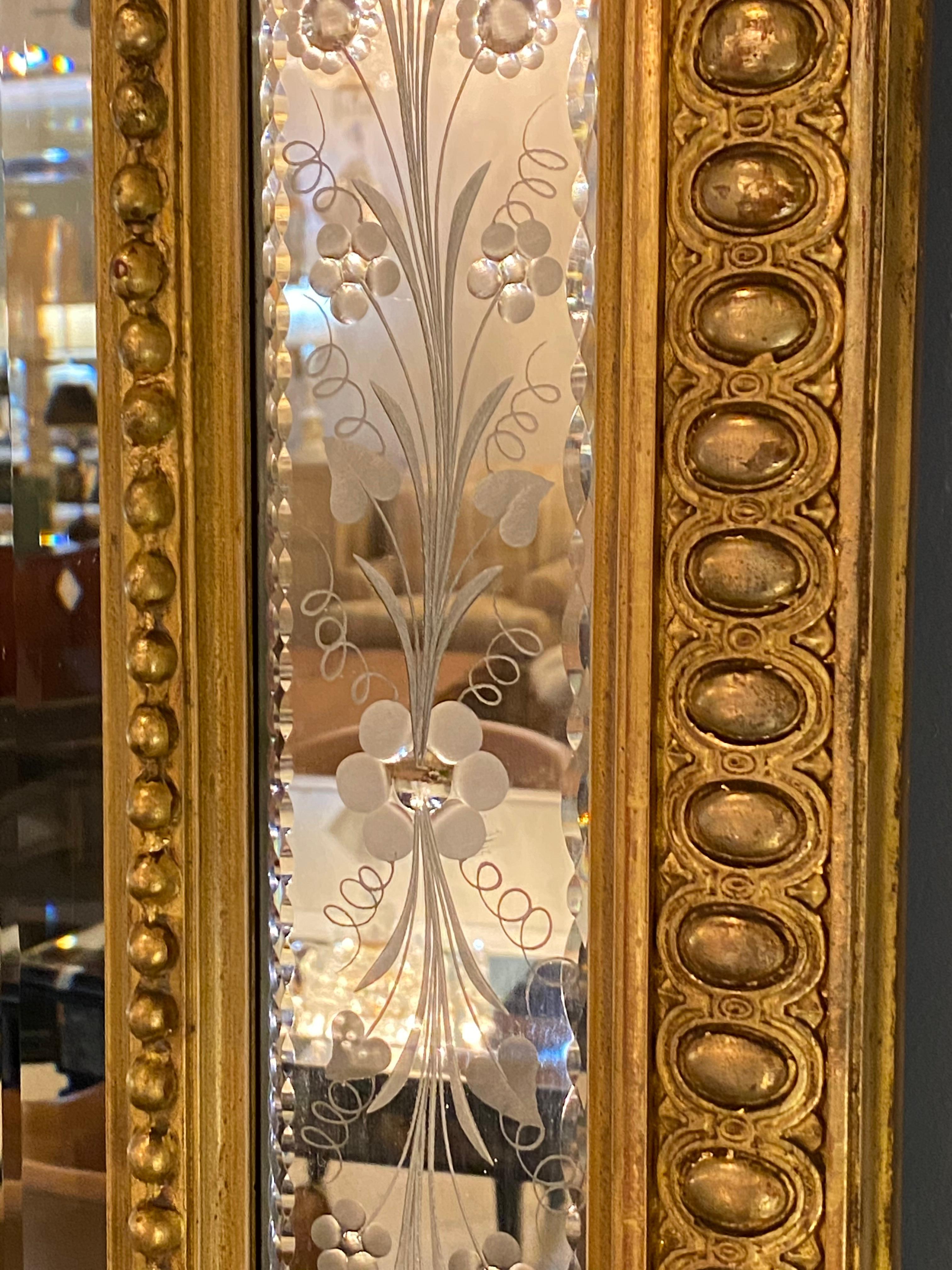 19th Century Wall Or Mantle Mirror Carved Giltwood & Floral Etched Glass Beveled 5