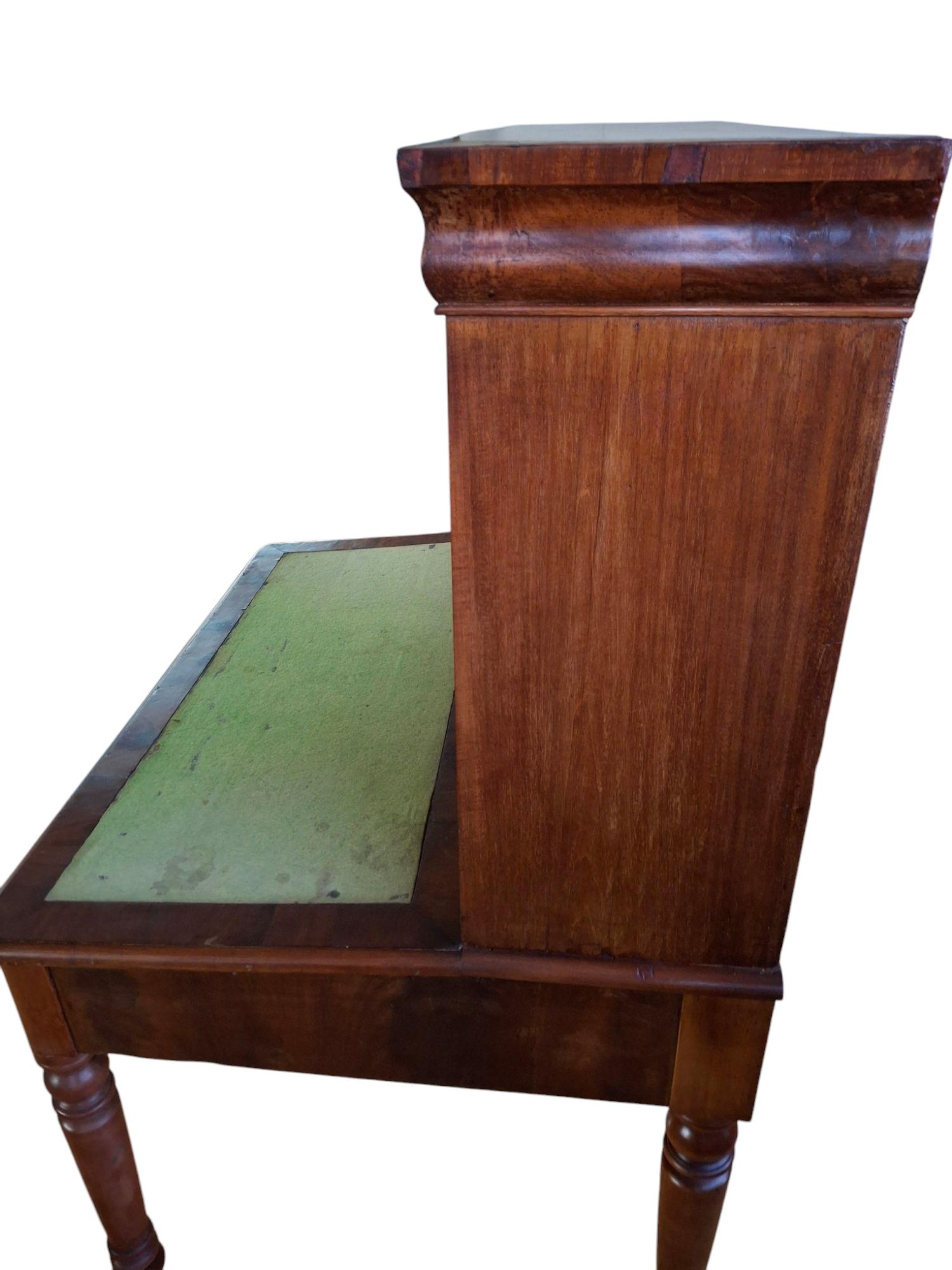 Mid-late 19th C. walnut plantation desk w/five dovetailed drawers and two hinged cabinet doors with divided interiors.  Base with slant writing surface on turned legs.

