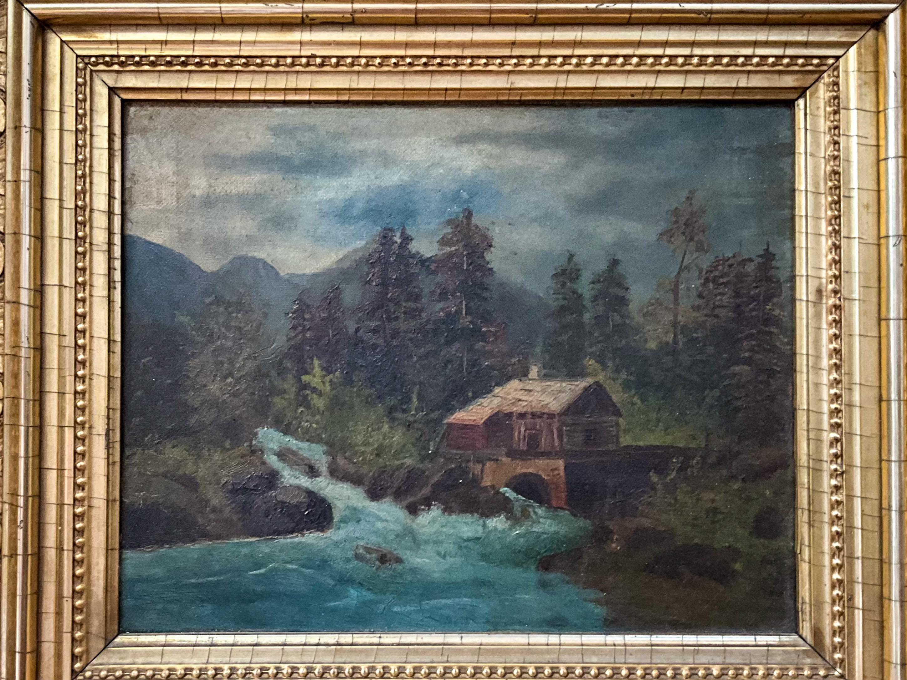 19th-C. Water Gilt Framed American Landscape Oil On Canvas Of Mill On A River In Good Condition For Sale In Kennesaw, GA