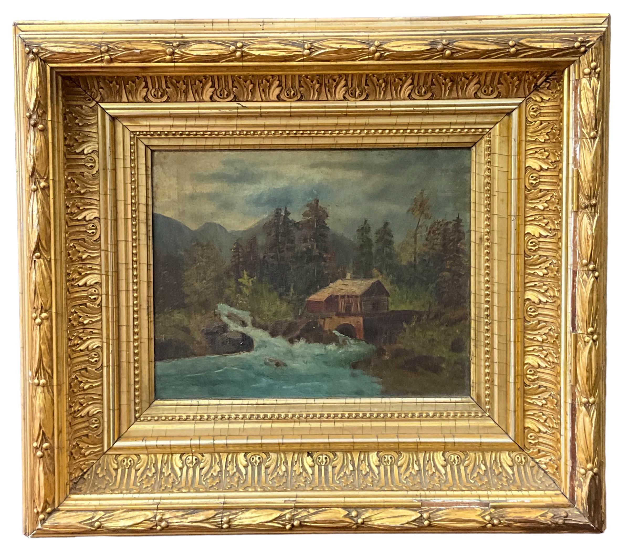 Classique américain 19ème siècle. Huile sur toile d'un paysage américain encadrée d'eau dorée représentant un moulin sur une rivière en vente