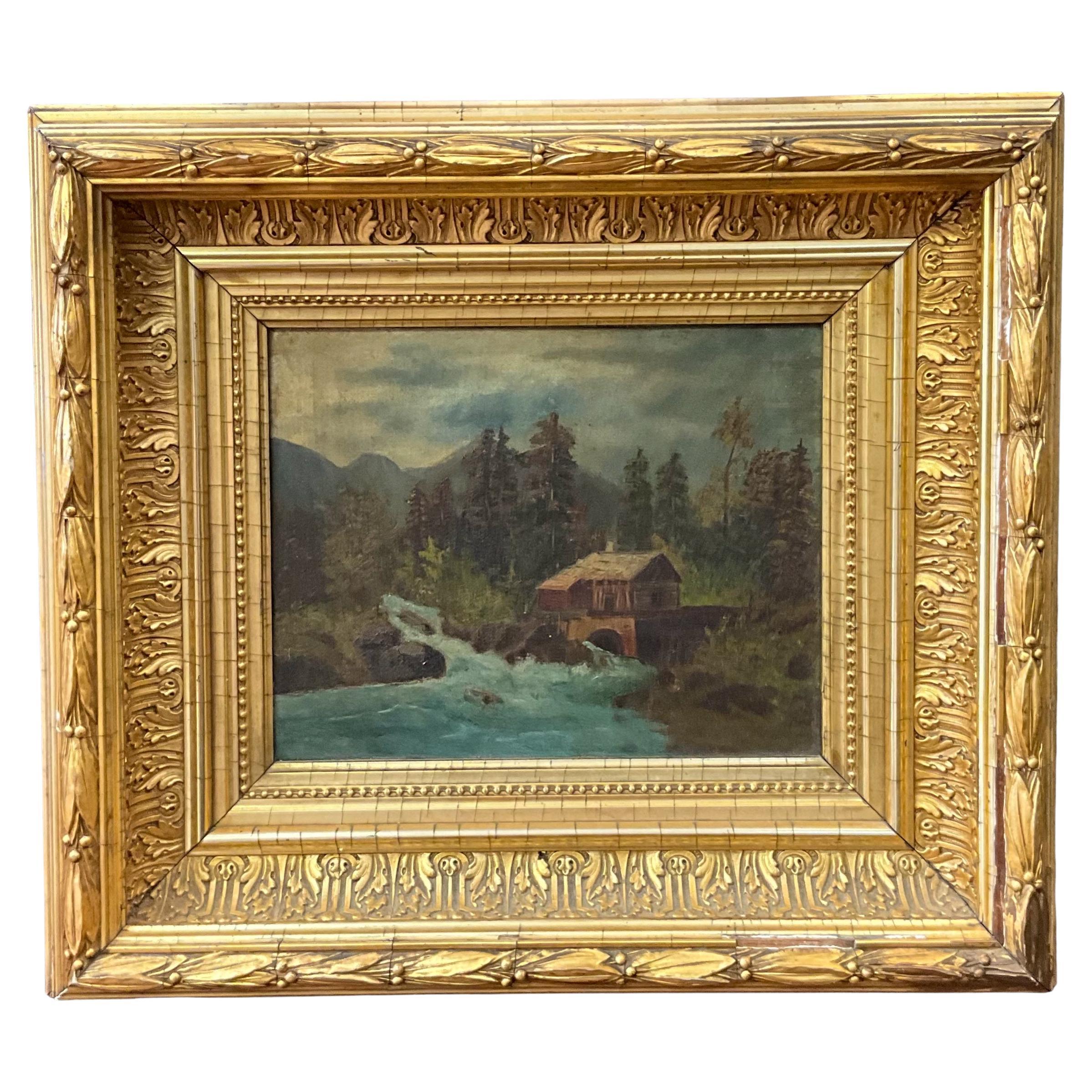 19th-C. Water Gilt Framed American Landscape Oil On Canvas Of Mill On A River For Sale