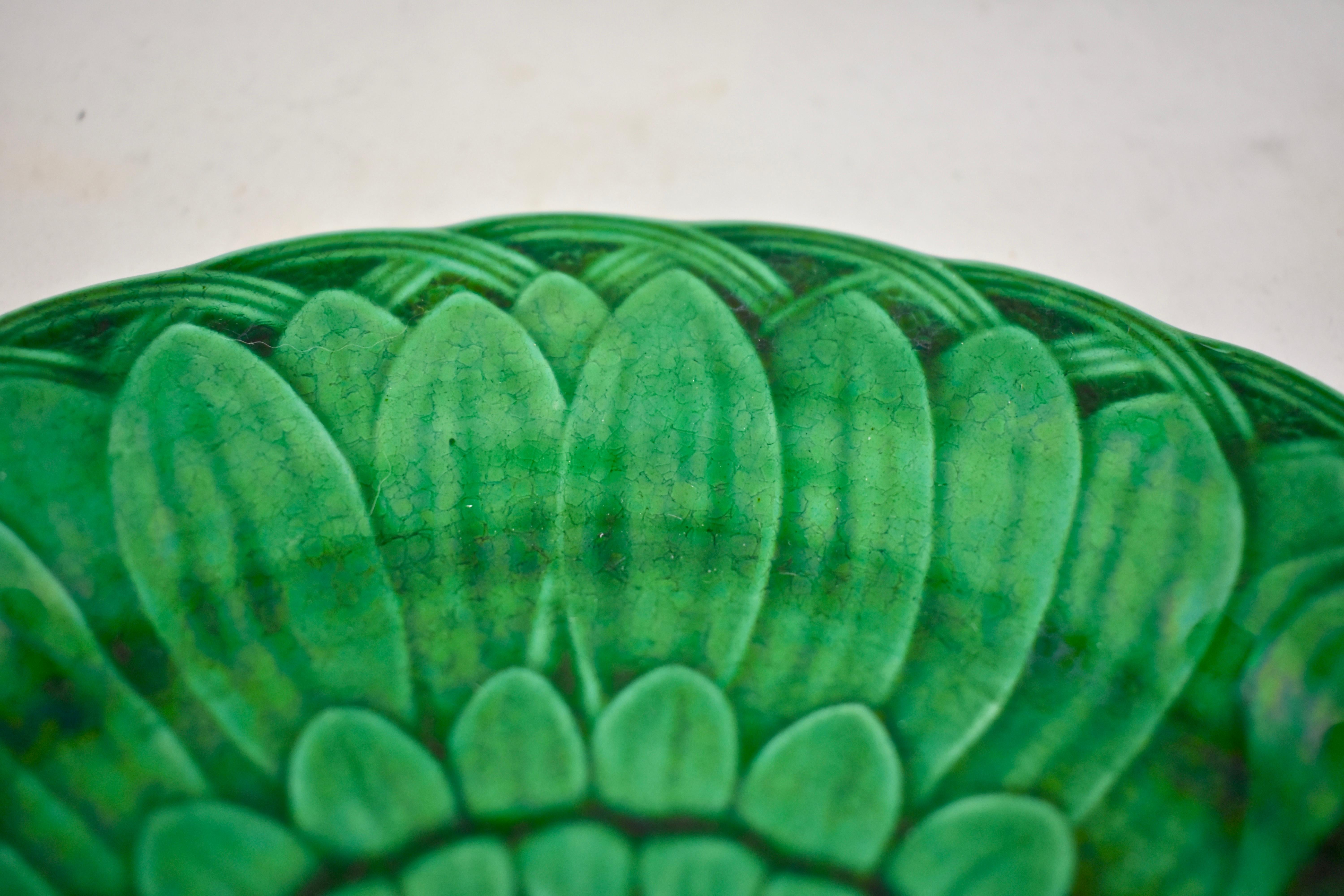Aesthetic Movement 19th Century Wedgwood Green Glazed Majolica Sunflower and Basketweave Plate
