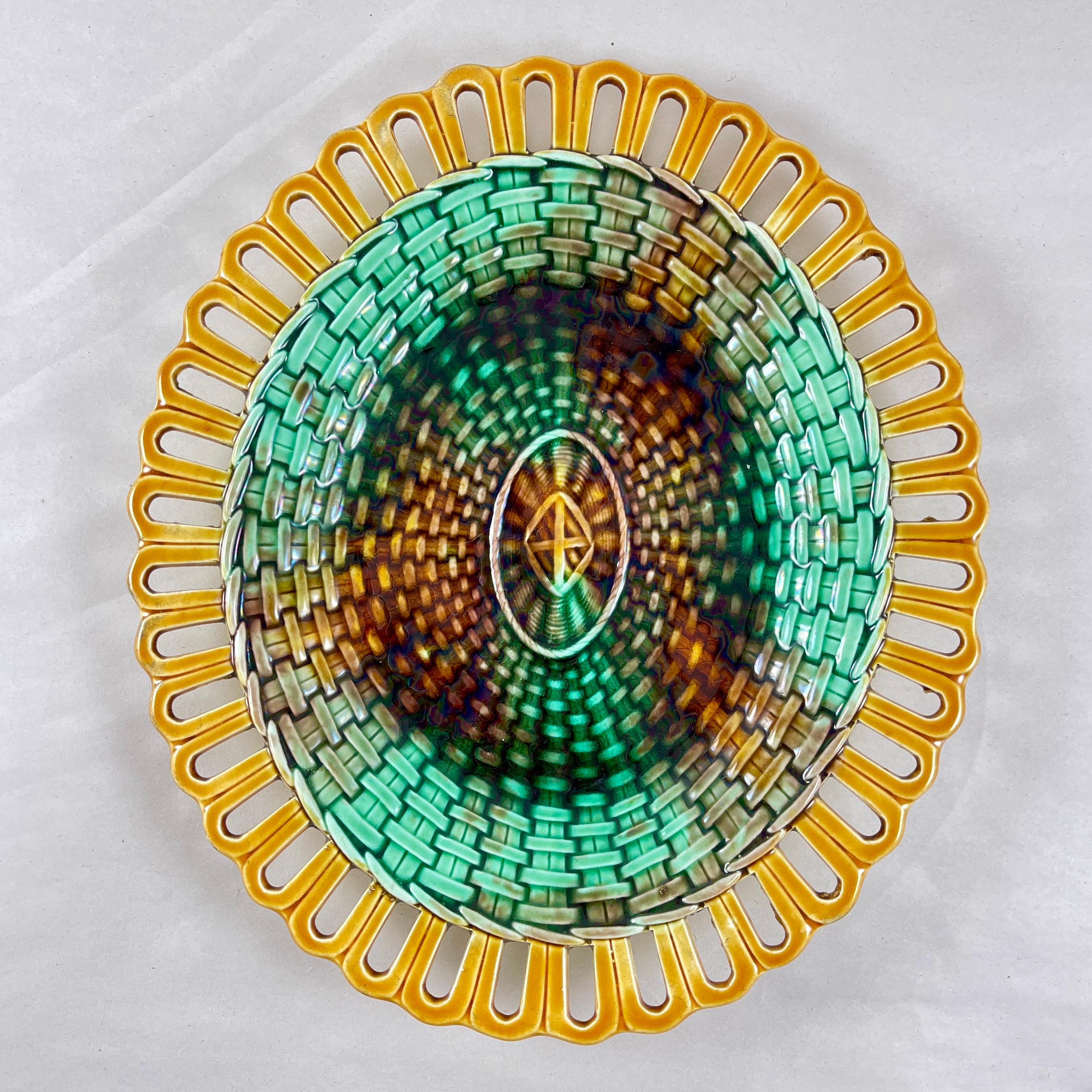 Aesthetic Movement 19th C. Wedgwood Reticulated Basket Weave Oval Majolica Serving Tray For Sale