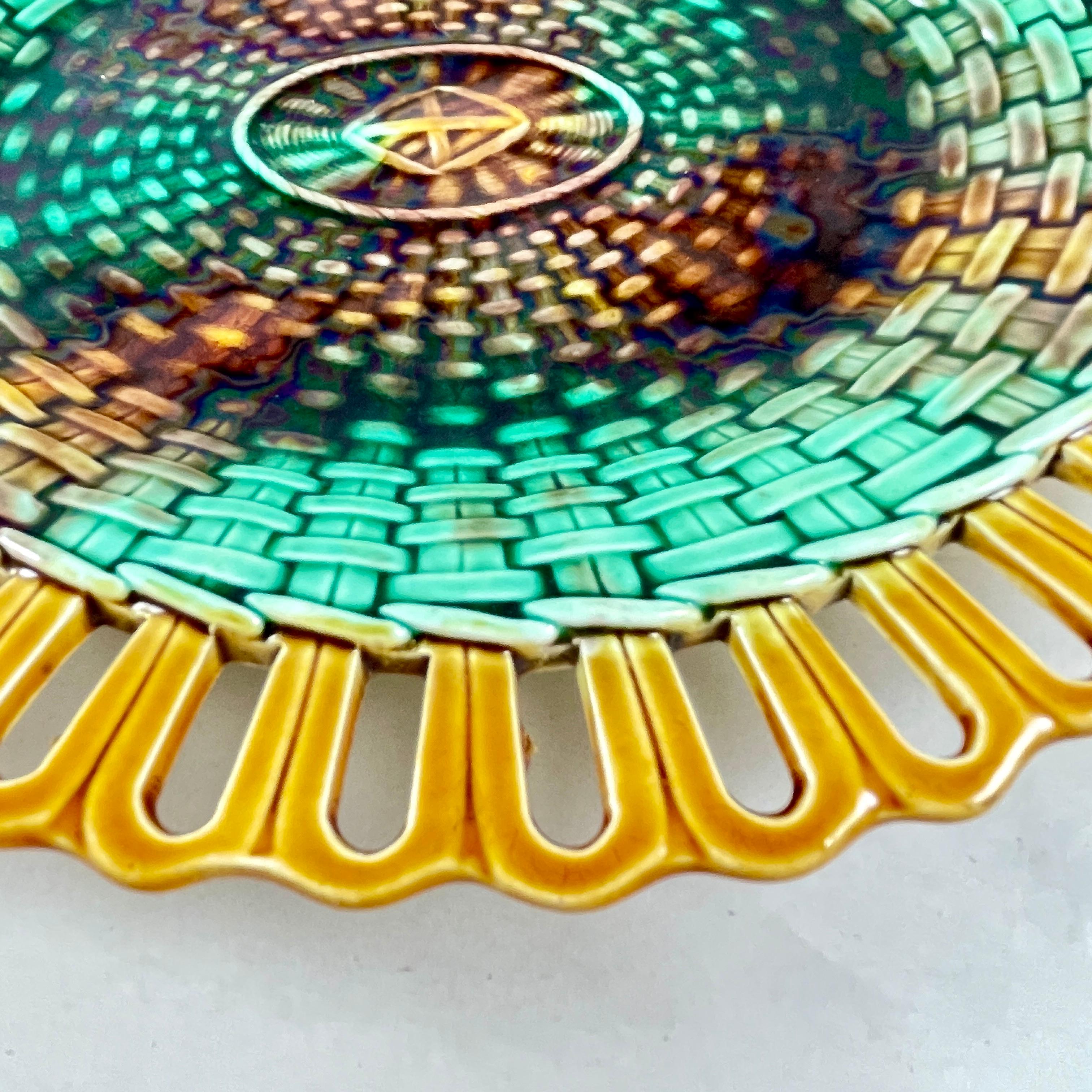 19th Century 19th C. Wedgwood Reticulated Basket Weave Oval Majolica Serving Tray For Sale