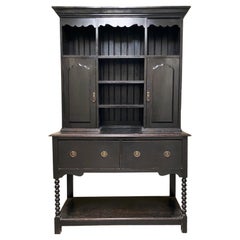 19th-C. Welsh Ebonized Oak Cupboard or Cabinet with Carved Bobbin Twist Legs