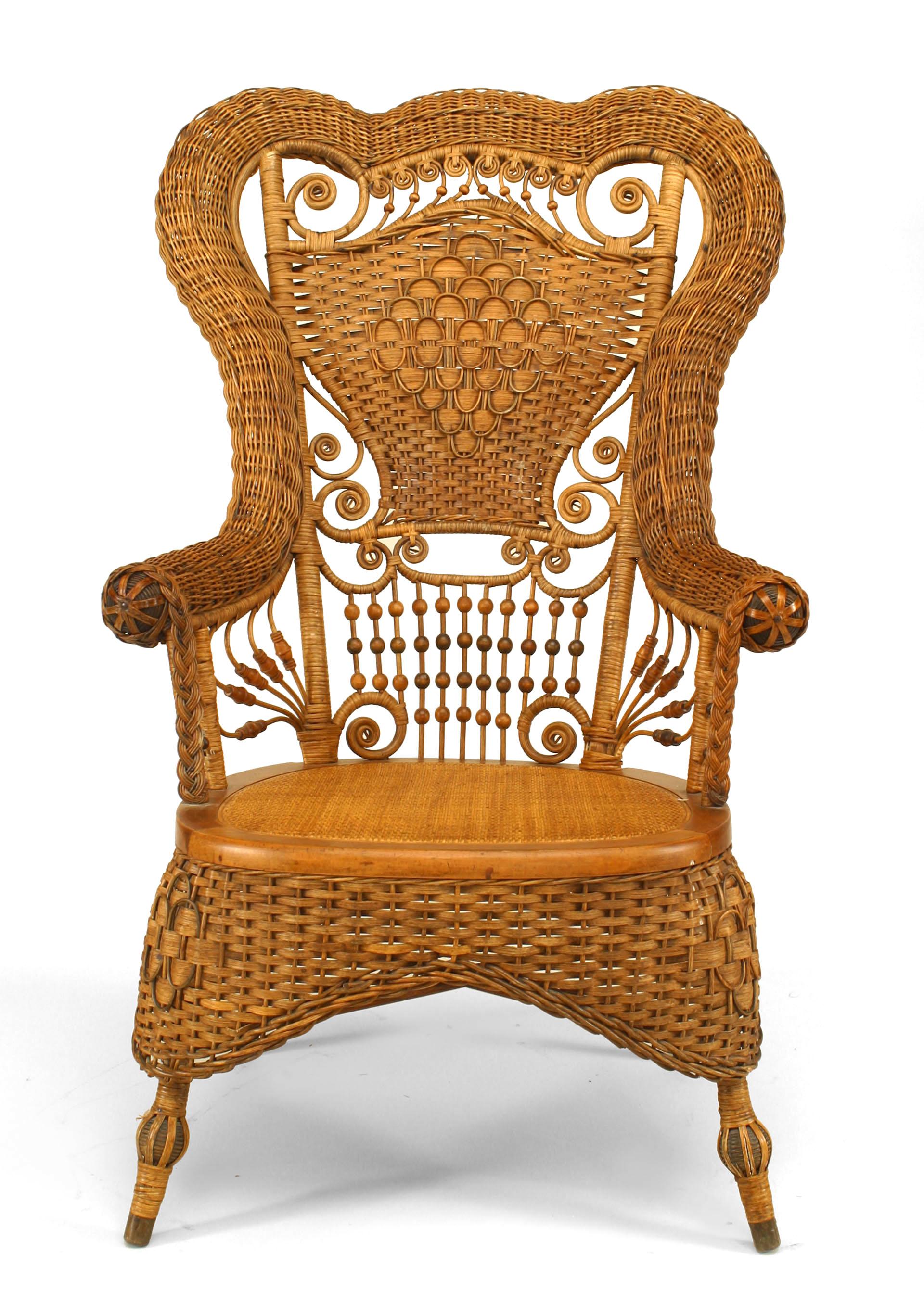 Victorian 19th c. Whitney Reed High Back Wicker Armchair