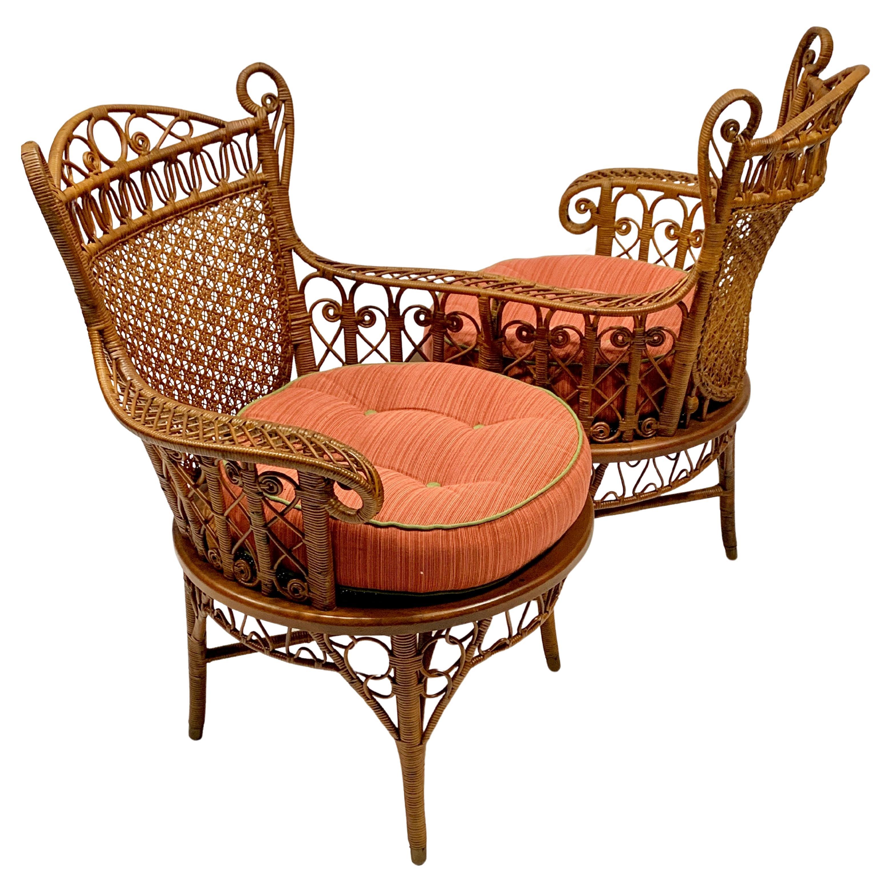 19th C. Wicker Tete-a-Tete Chair with Intricate Caned Backs in Natural Finish
