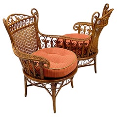 Used 19th C. Wicker Tete-a-Tete Chair with Intricate Caned Backs in Natural Finish