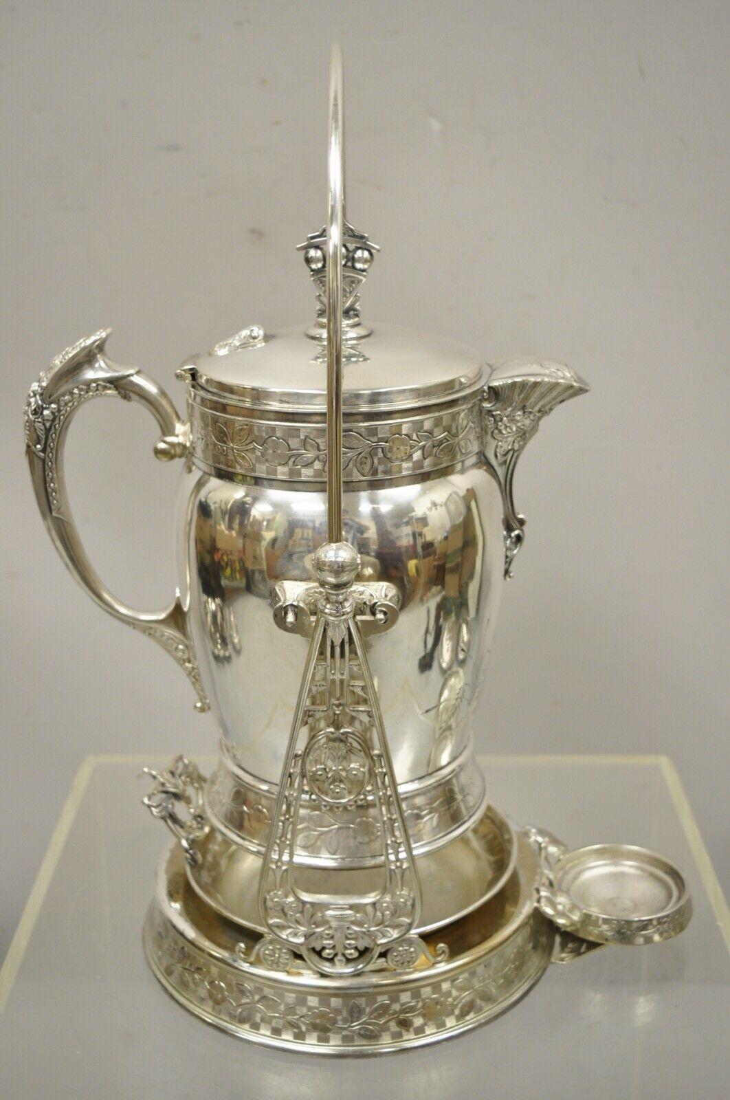 19th C Wilcox Silverplate Victorian Ornate Water Lemonade Pitcher on Tilt Stand For Sale 4