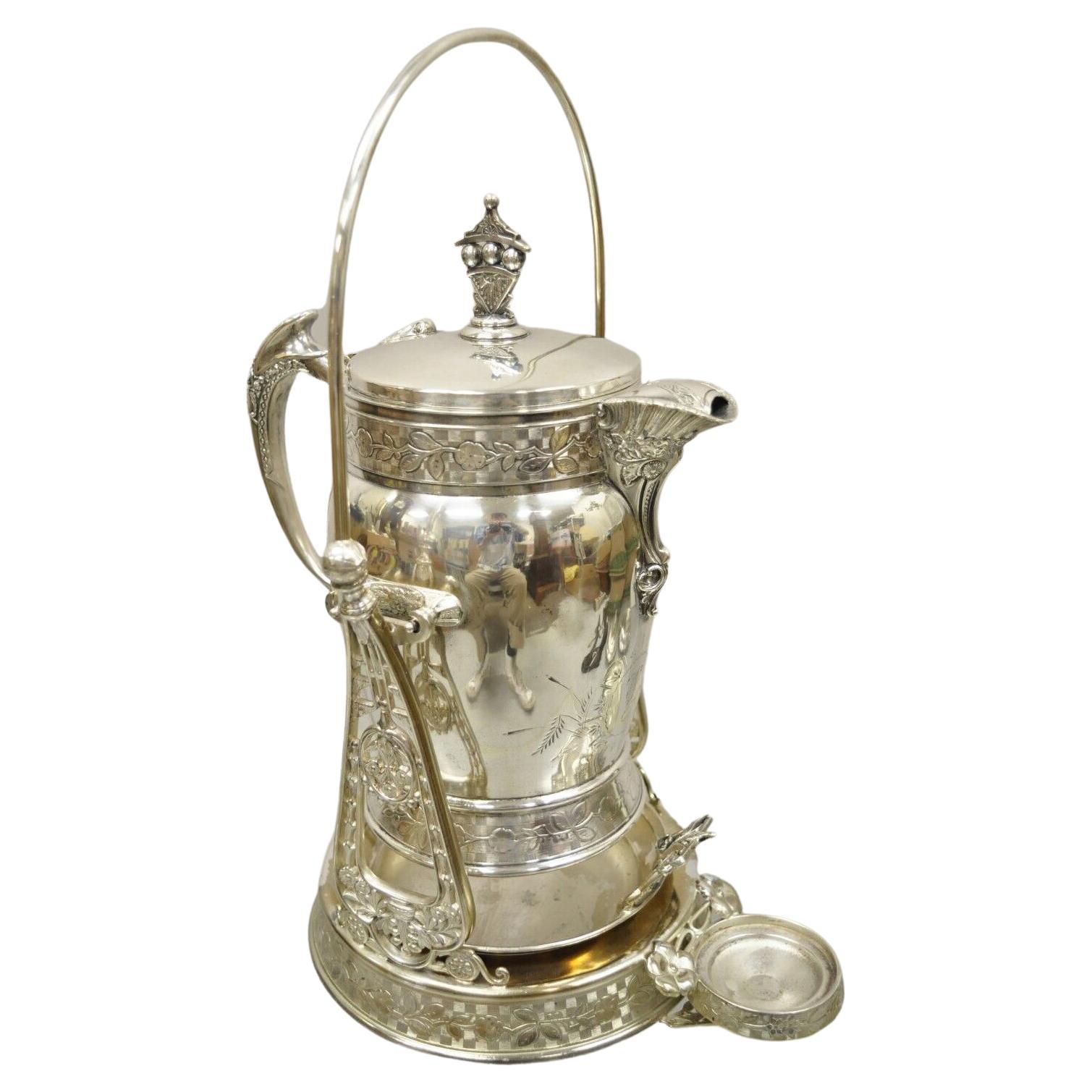 19th C Wilcox Silverplate Victorian Ornate Water Lemonade Pitcher on Tilt Stand For Sale
