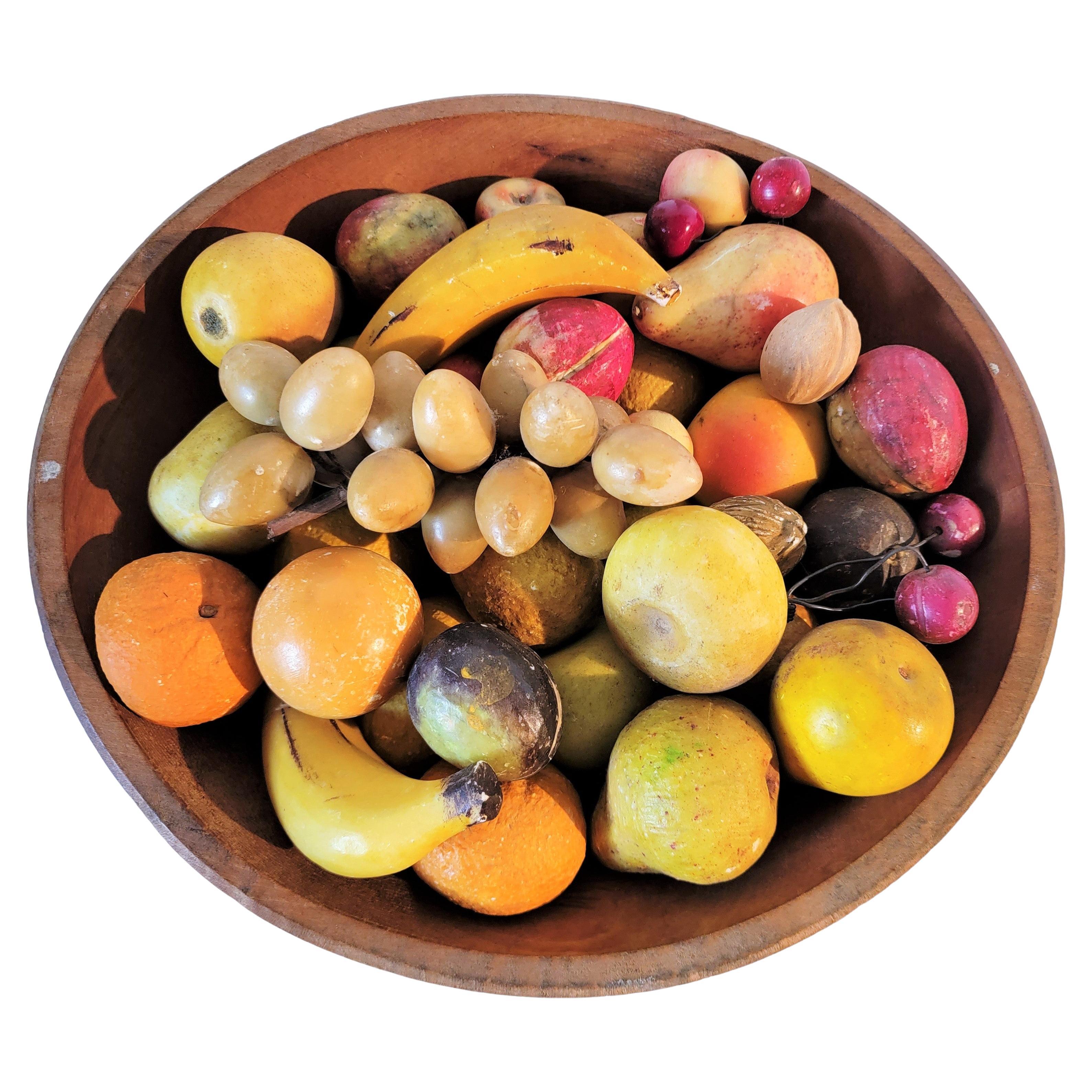 19th C Wooden Bowl with 40 Pieces of Stone Fruit In Good Condition For Sale In Los Angeles, CA