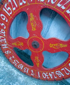 19thc Wooden Folk Art Gaming Wheel with Original Red Paint & Cardinal Design