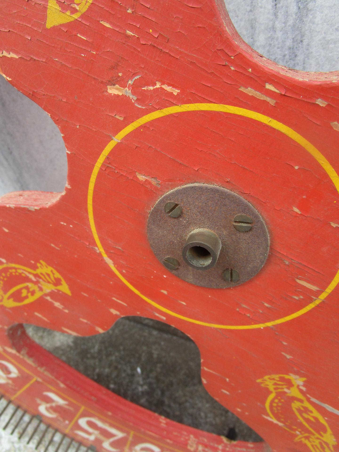 Painted 19thc Wooden Folk Art Gaming Wheel with Original Red Paint & Cardinal Design For Sale