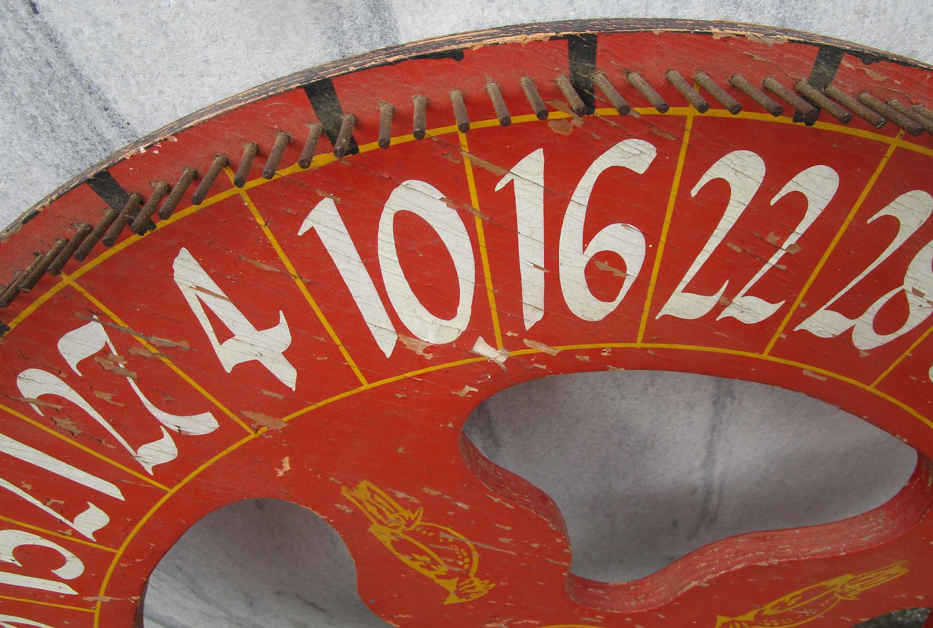 19thc Wooden Folk Art Gaming Wheel with Original Red Paint & Cardinal Design For Sale 1