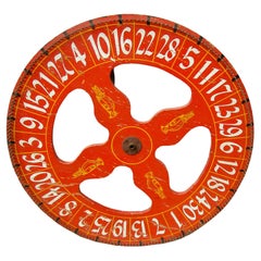 Antique 19th C Wooden Folk Art Gaming Wheel with Original Red Paint & Cardinal Design