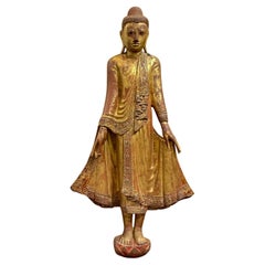 19th c. Wooden Gilt Burmese Standing Buddha statue - Mandalay period