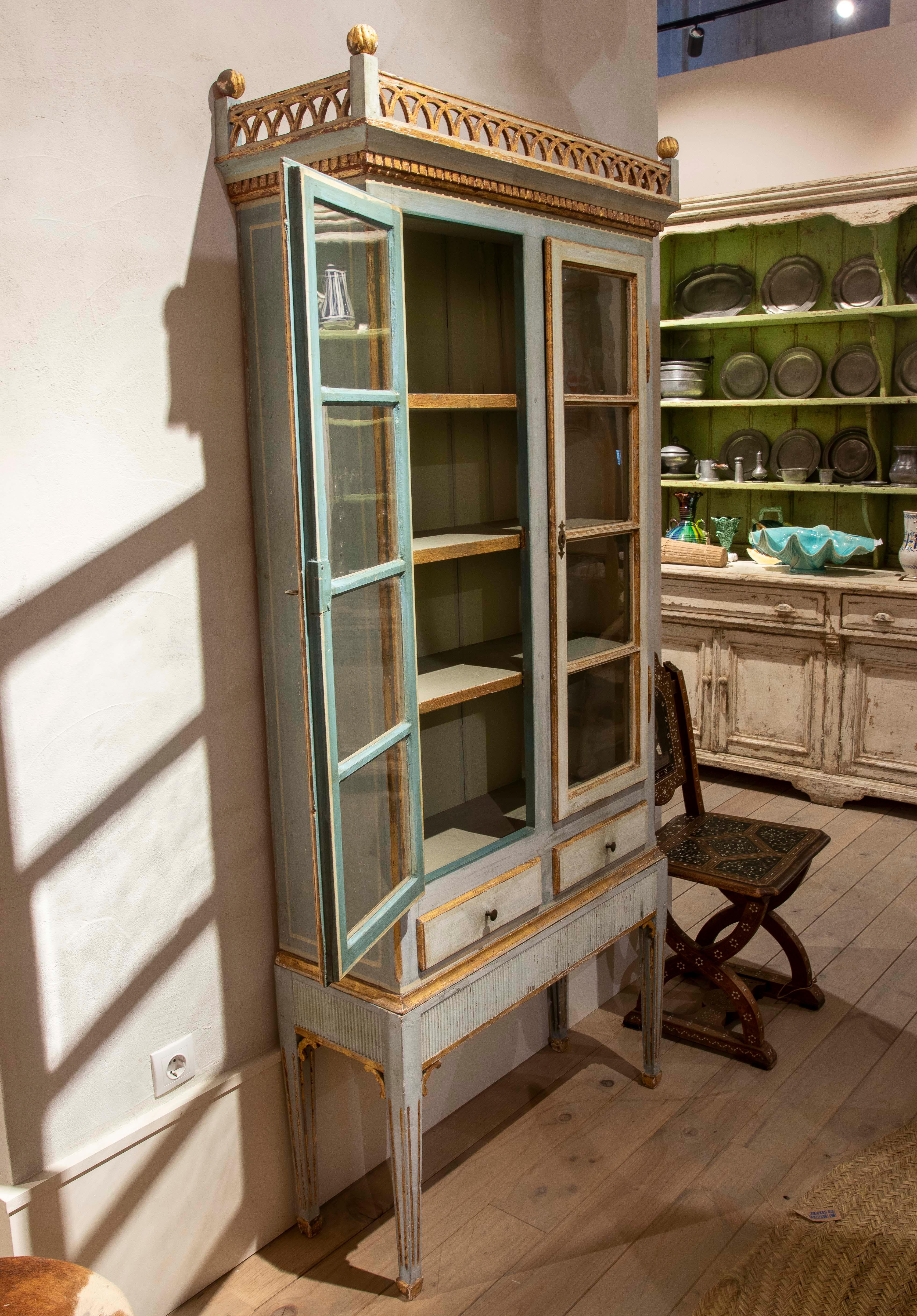 Austrian 19th C. Wooden Showcase with Doors and Drawers and with its Original Polychome For Sale