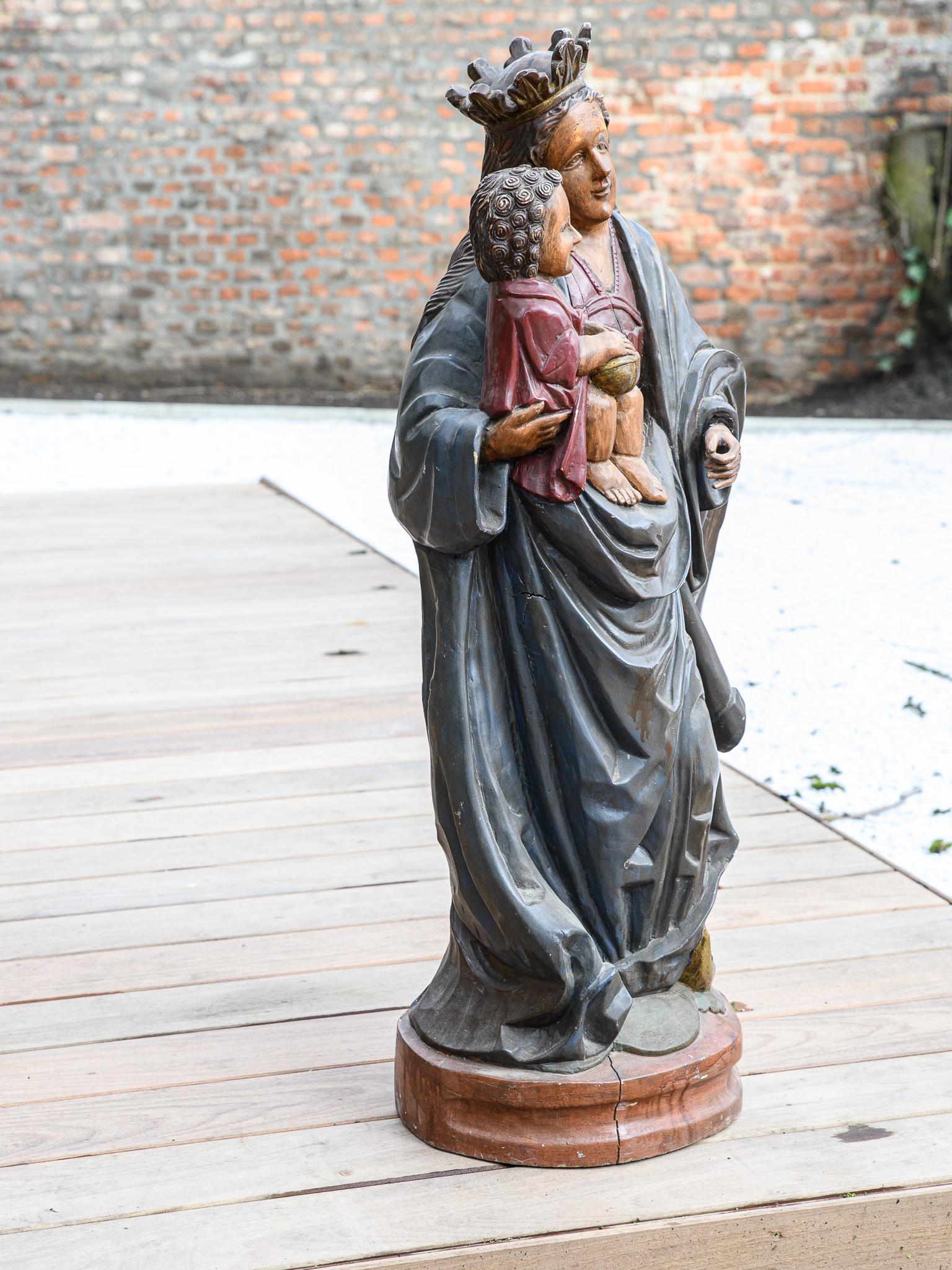 Paint 19th Century Wooden Statue of the Virgin Carrying Jezus For Sale