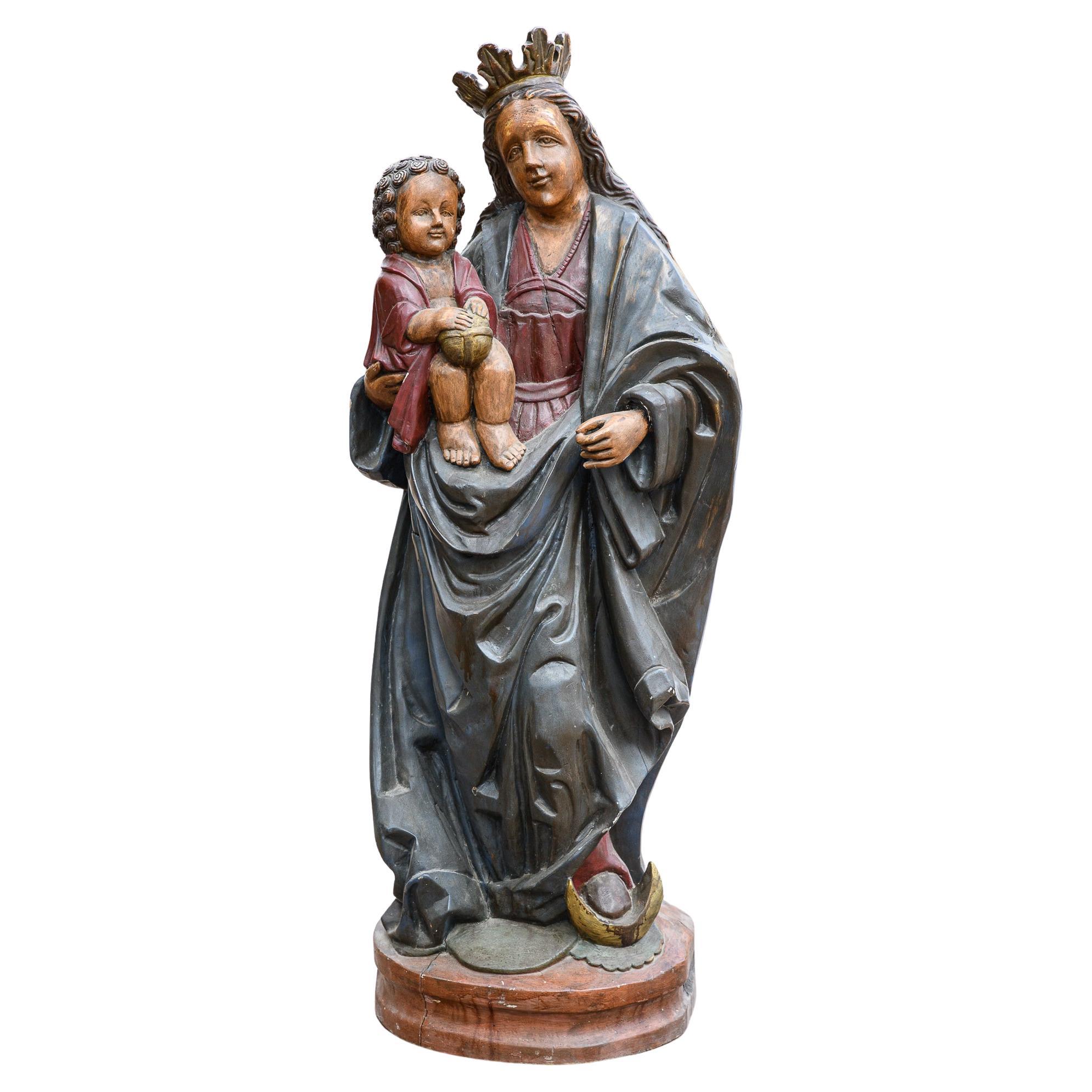 19th Century Wooden Statue of the Virgin Carrying Jezus