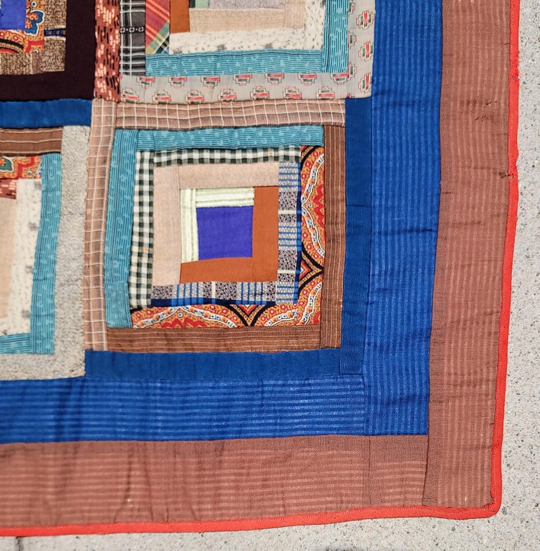 Hand-Crafted 19th C Wool Challis Log Cabin Crib Quilt For Sale