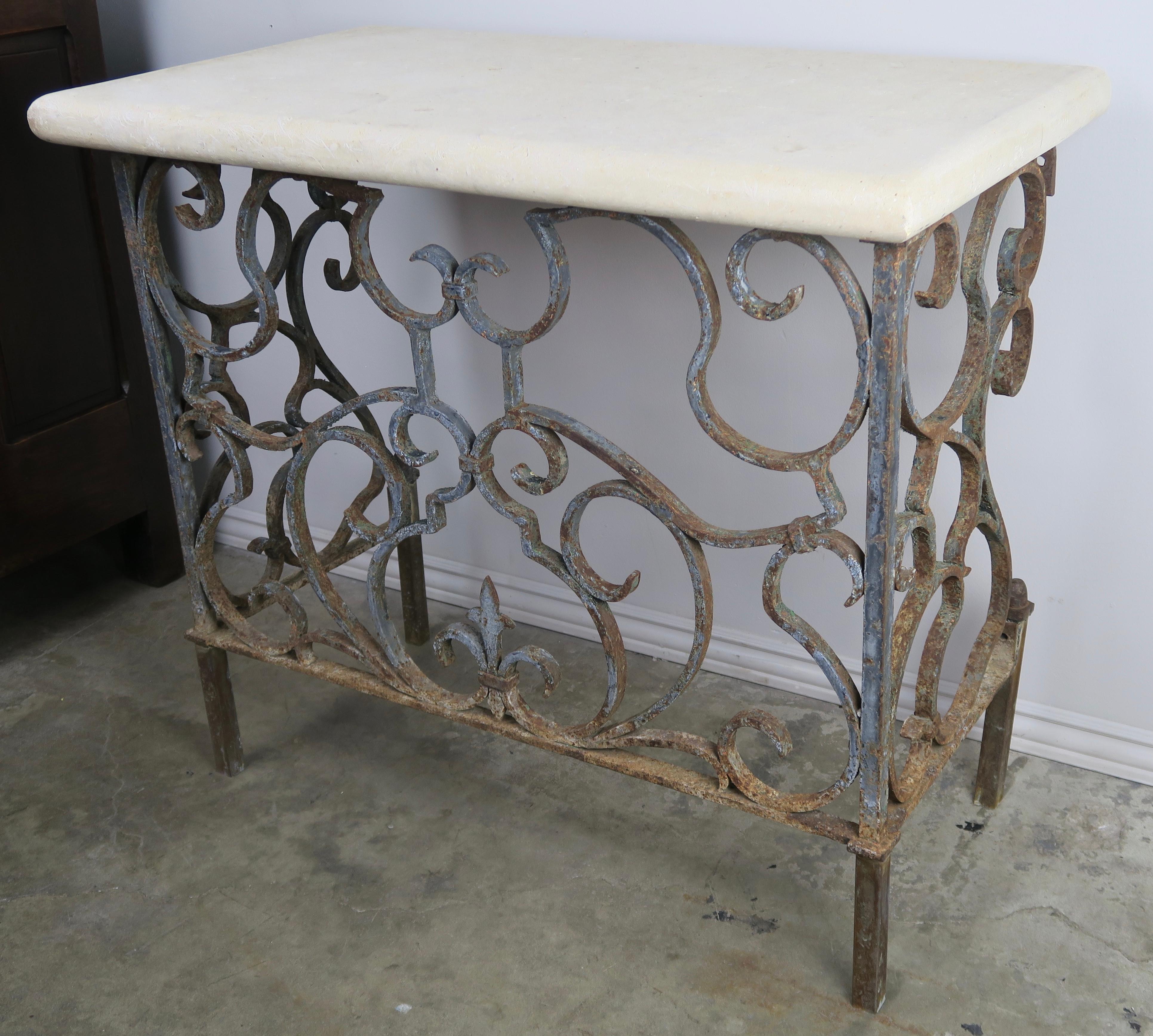 Baroque 19th Century Wrought Iron Console with Travertine Top