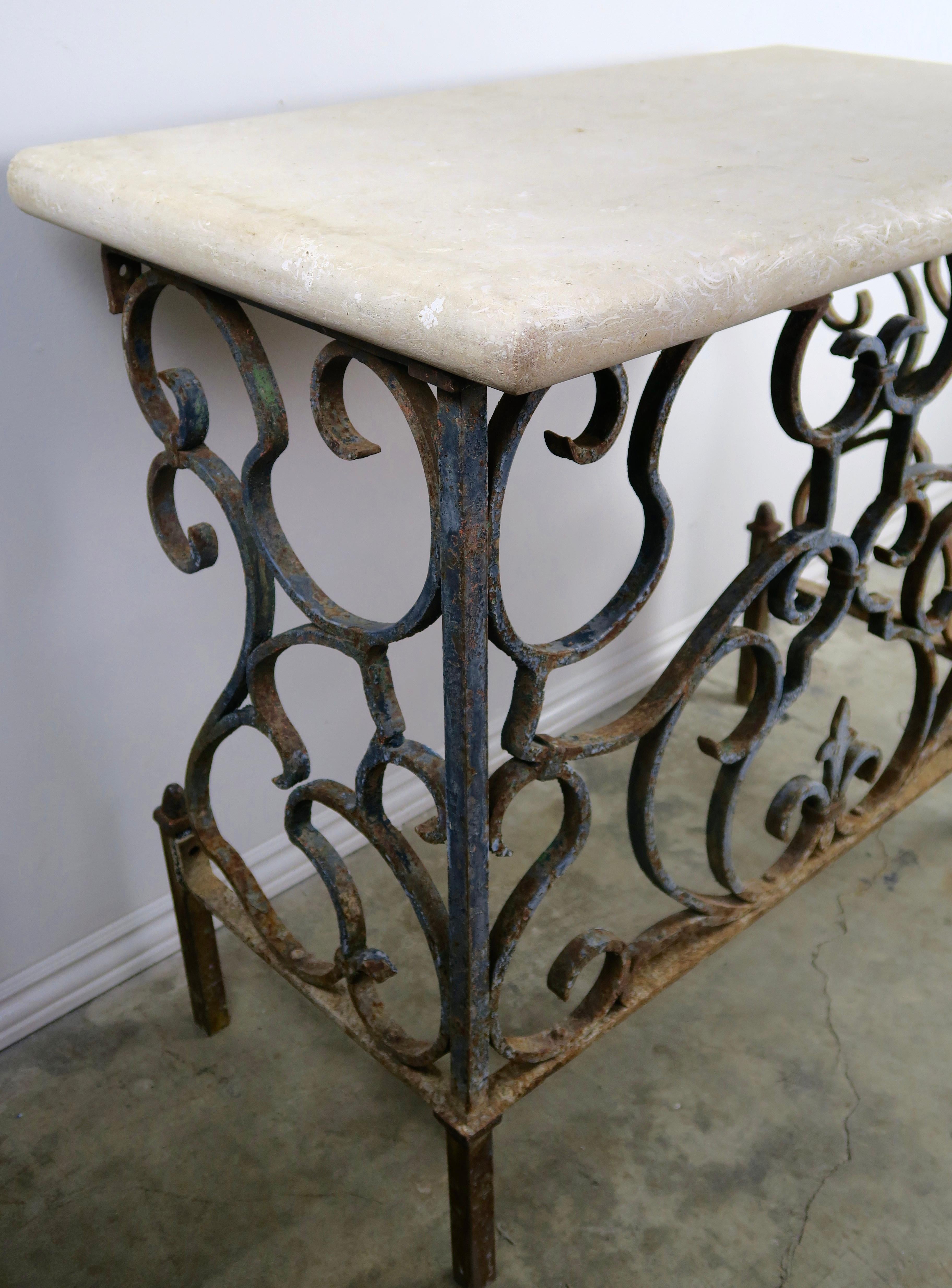 French 19th Century Wrought Iron Console with Travertine Top