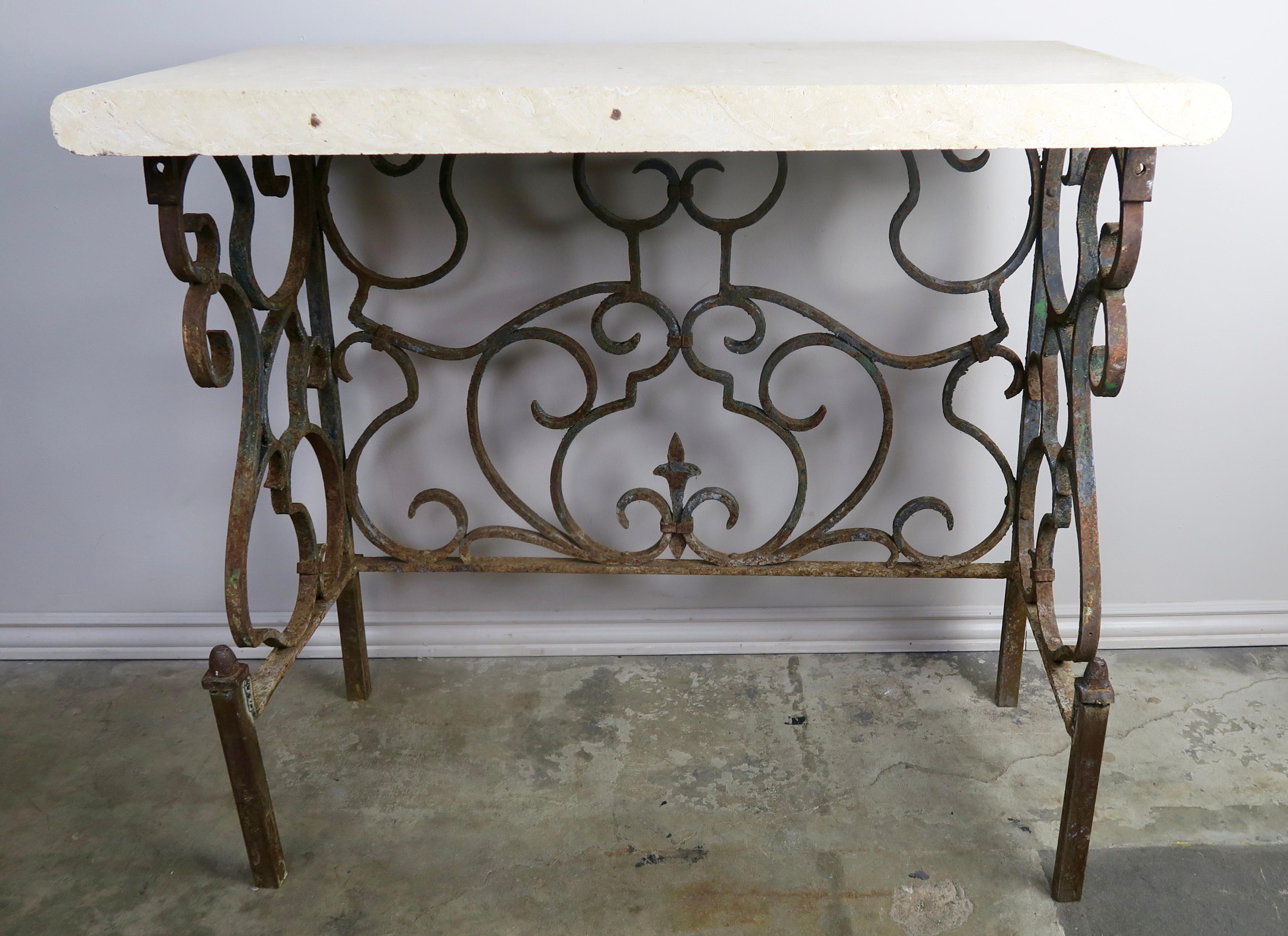 19th Century Wrought Iron Console with Travertine Top 3