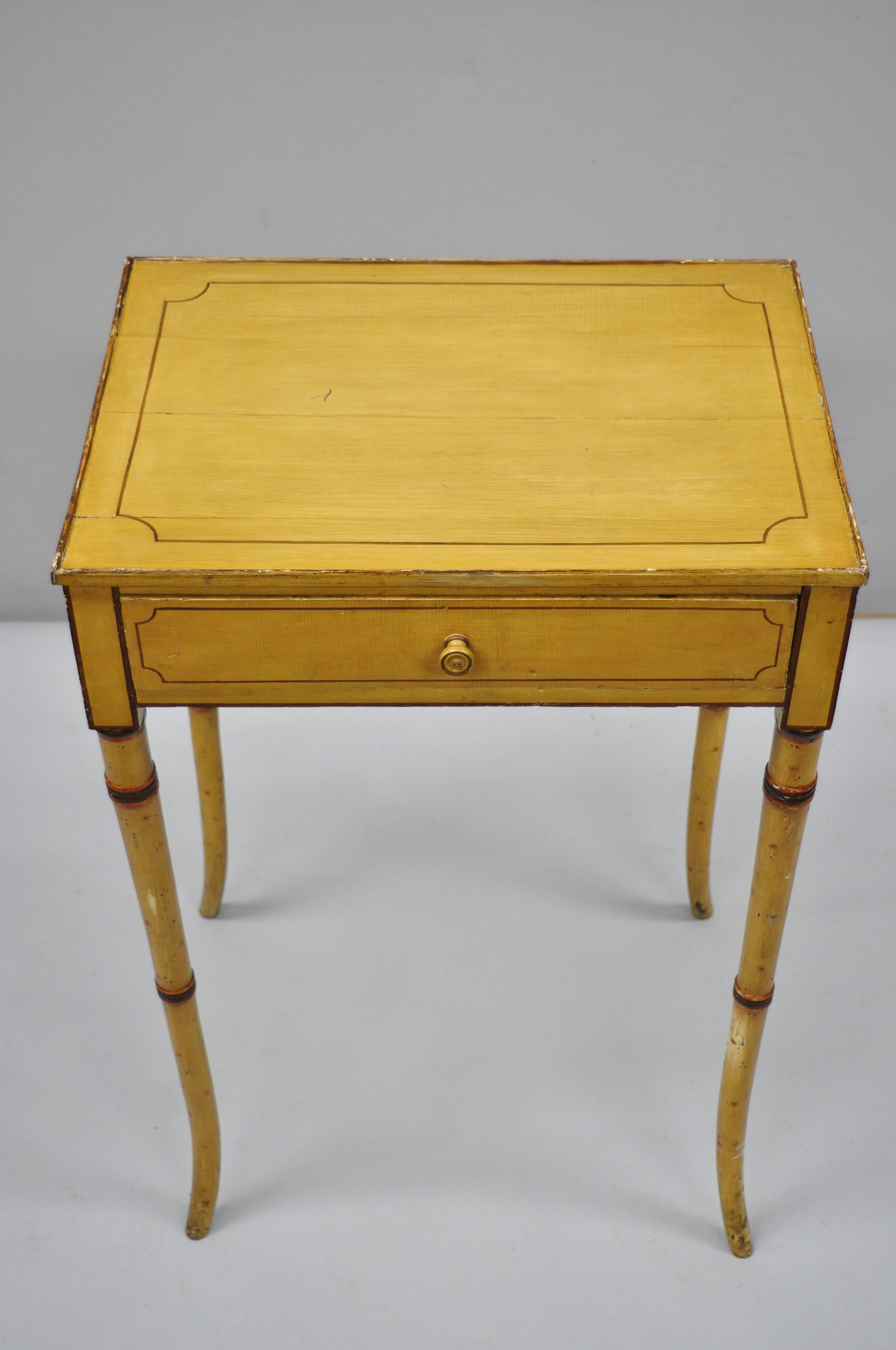 Yellow English Victorian Faux Bamboo One Drawer Side End Table Nightstand In Good Condition In Philadelphia, PA