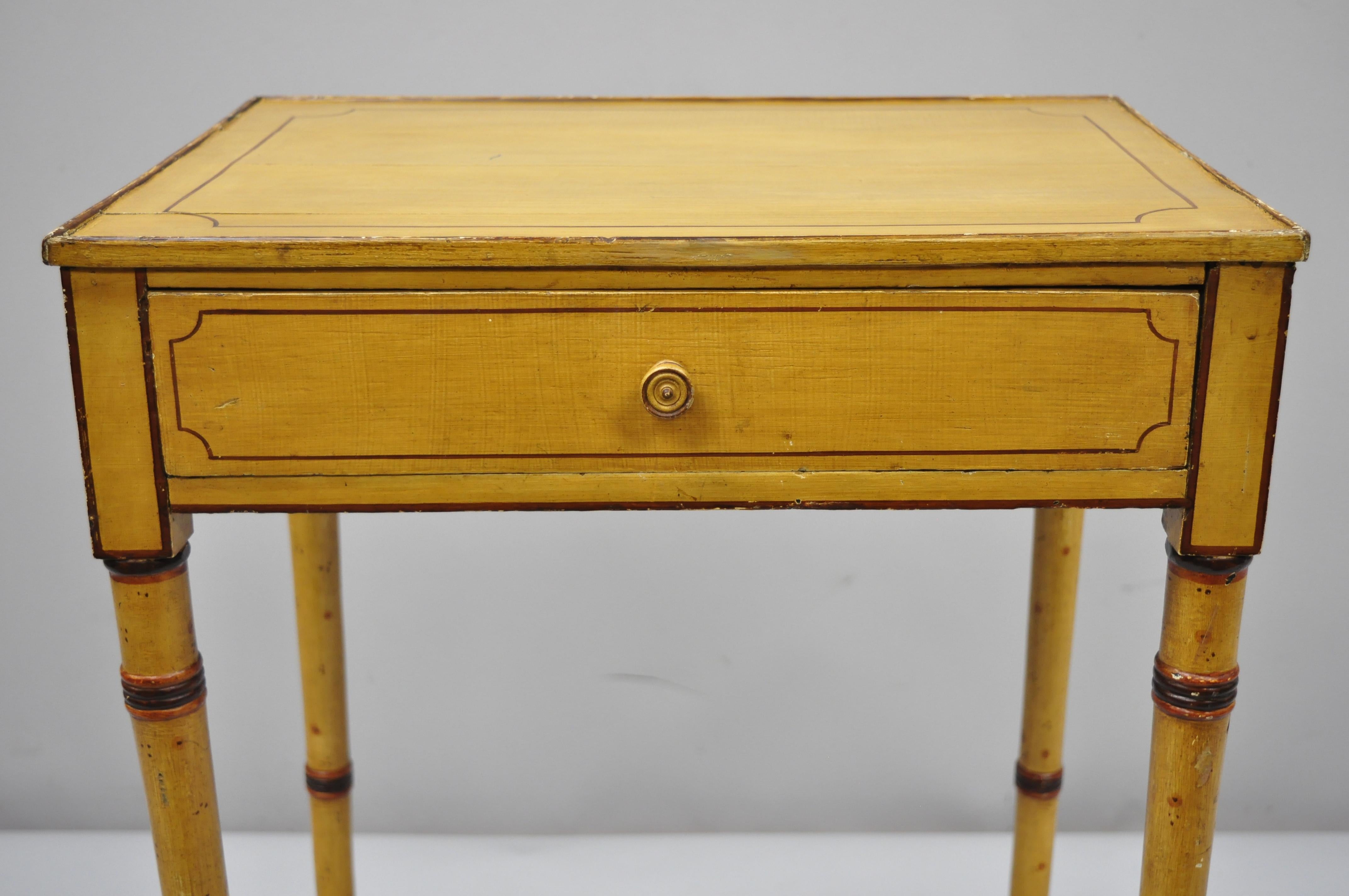 19th Century Yellow English Victorian Faux Bamboo One Drawer Side End Table Nightstand