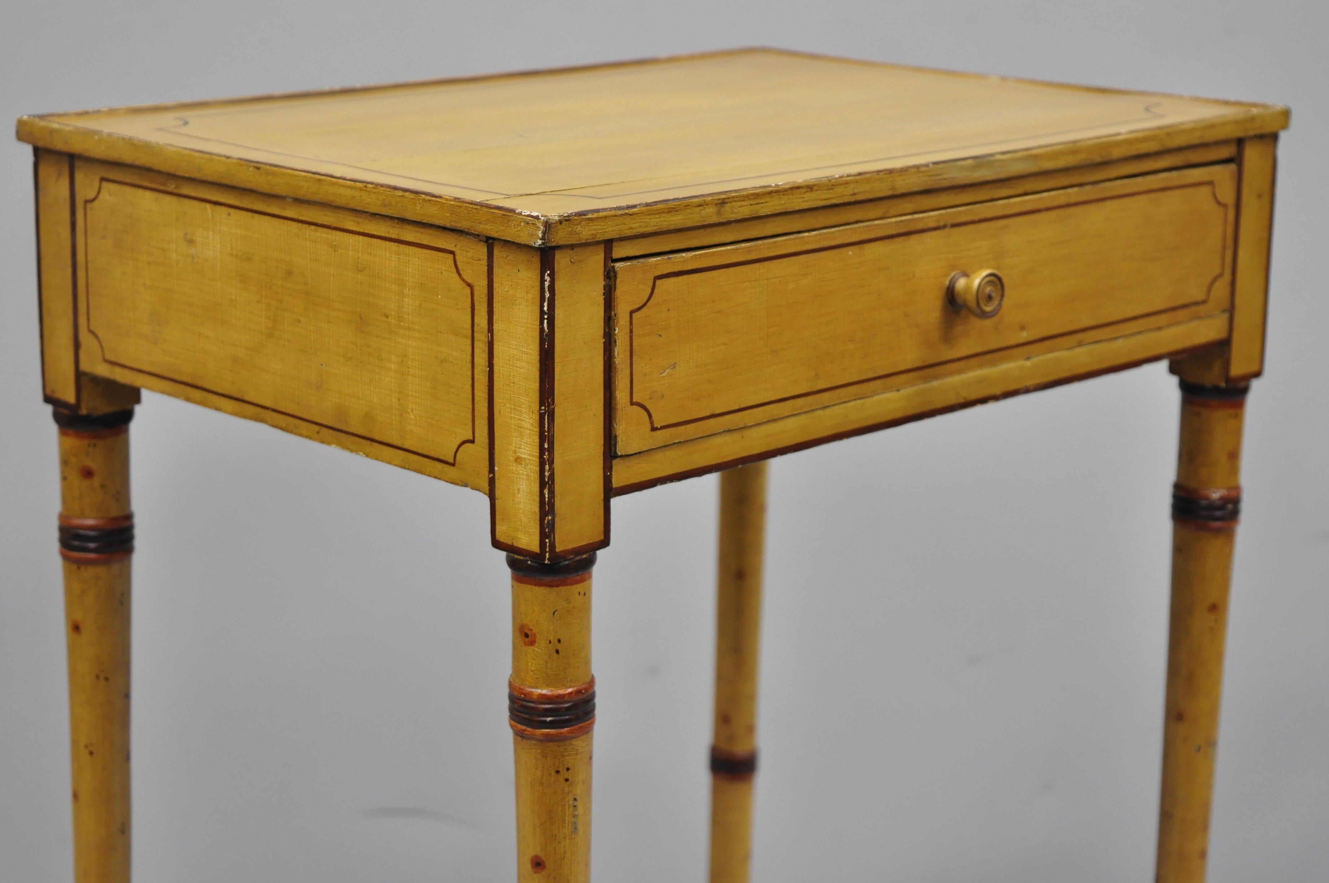 Pine Yellow English Victorian Faux Bamboo One Drawer Side End Table Nightstand