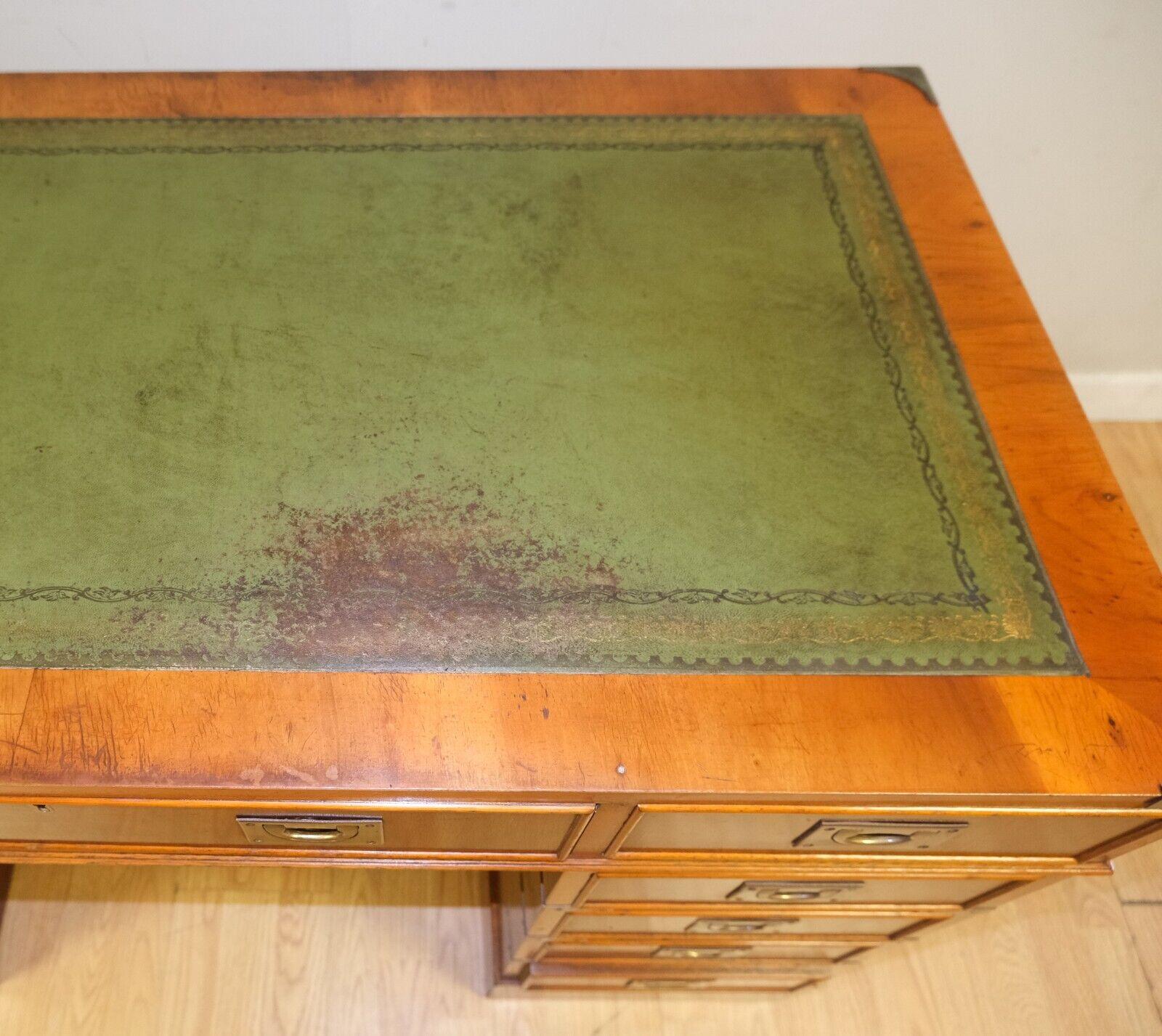 19th C Yew Wood Military Campaign Partner Pedestal Desk Tooled Green Leather Top 5