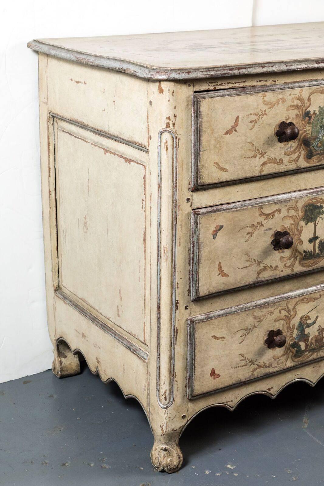 Hand-Carved 19th Century, Decoupage, Crème Painted Commode