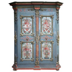 19th Carved Blu Floral Painted Wardrobe, 1823