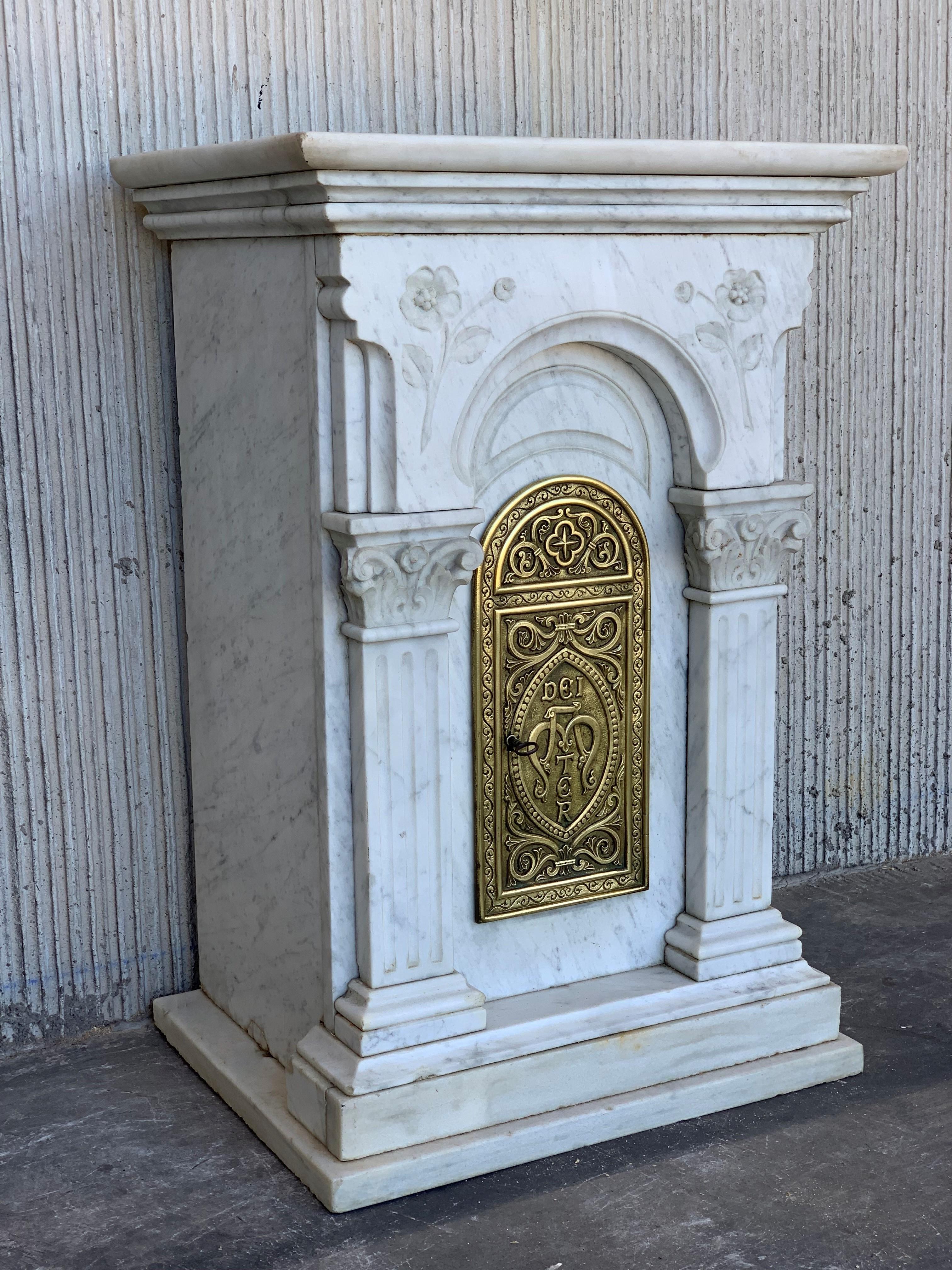 (In the Roman Catholic Church) an open or transparent receptacle in which the consecrated host is exposed for veneration.

Beautiful marble cabinet that belongs to the Alzira Church in Valencia, Spain.

Door measurements: 13.38in x 5.70in.