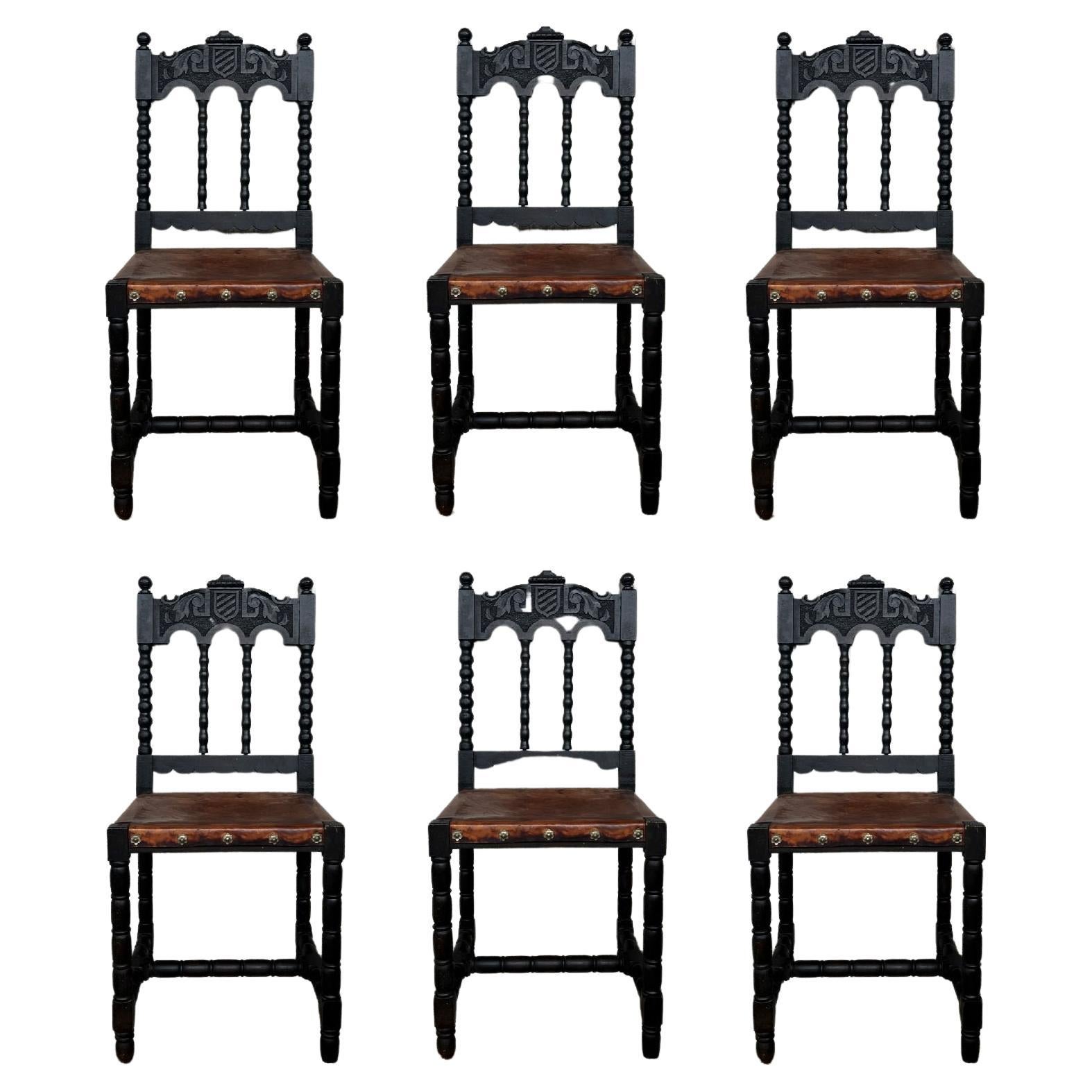 19th Carved French Oak Brown Leather Lion Dining Chairs, Henry II