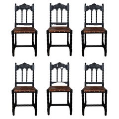 19th Carved French Oak Brown Leather Lion Dining Chairs, Henry II