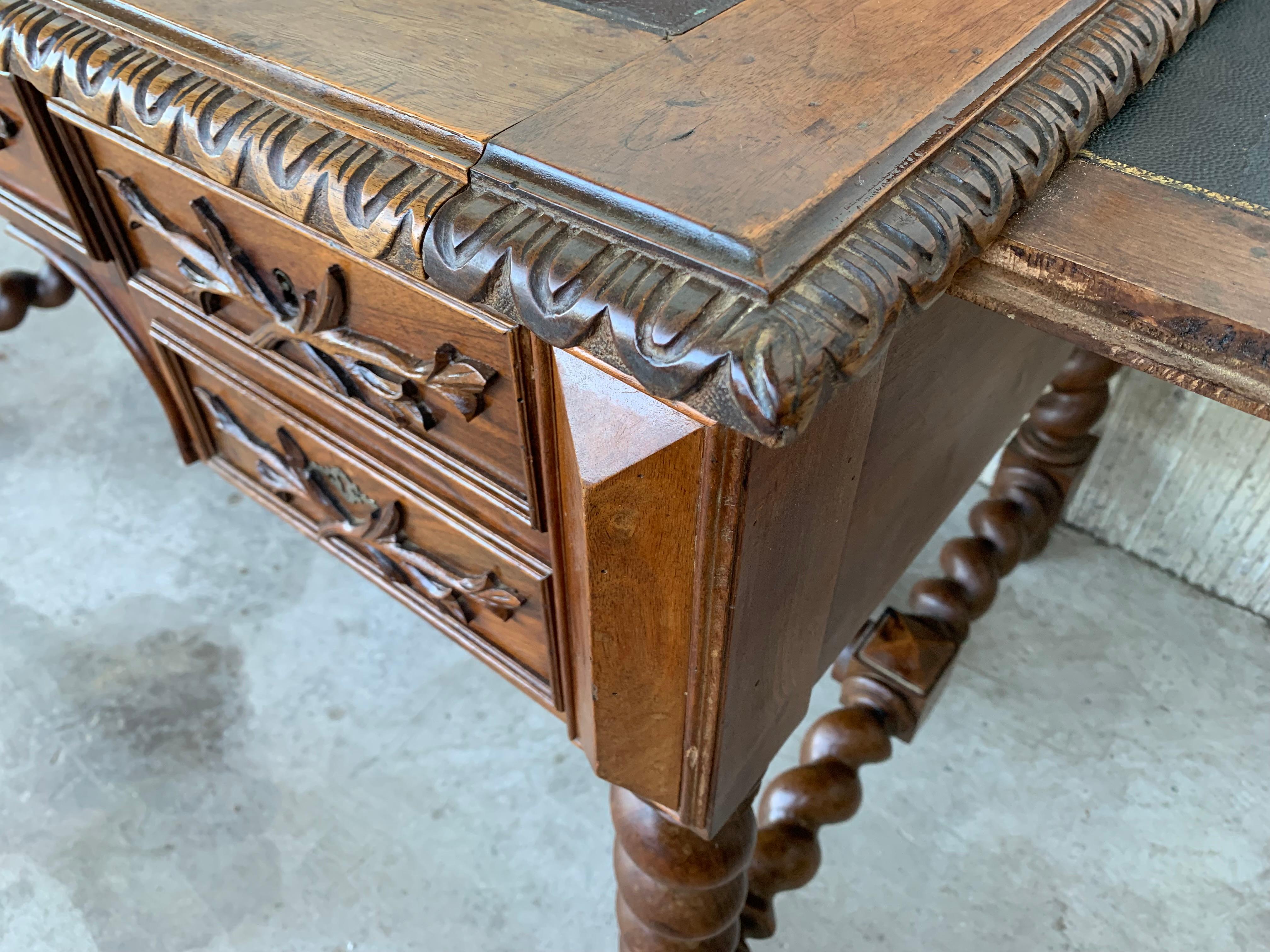 19th Carved Oak Renaissance Style Desk with Leather Top and Two Leaves 6
