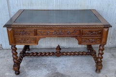 19th Carved Oak Renaissance Style Desk with Leather Top and Two Leaves