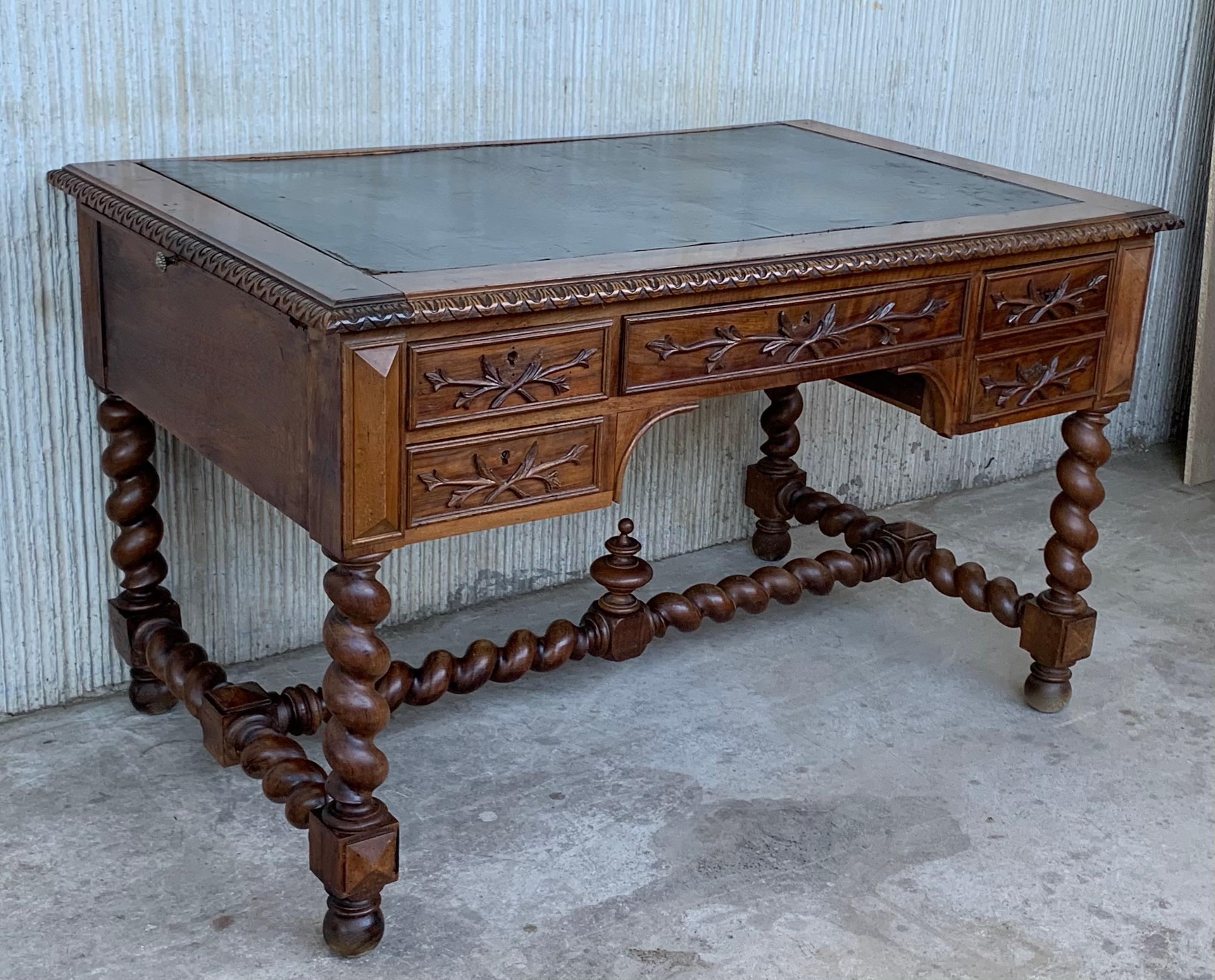Baroque 19th Carved Oak Renaissance Style Desk with Leather Top and Two Leaves
