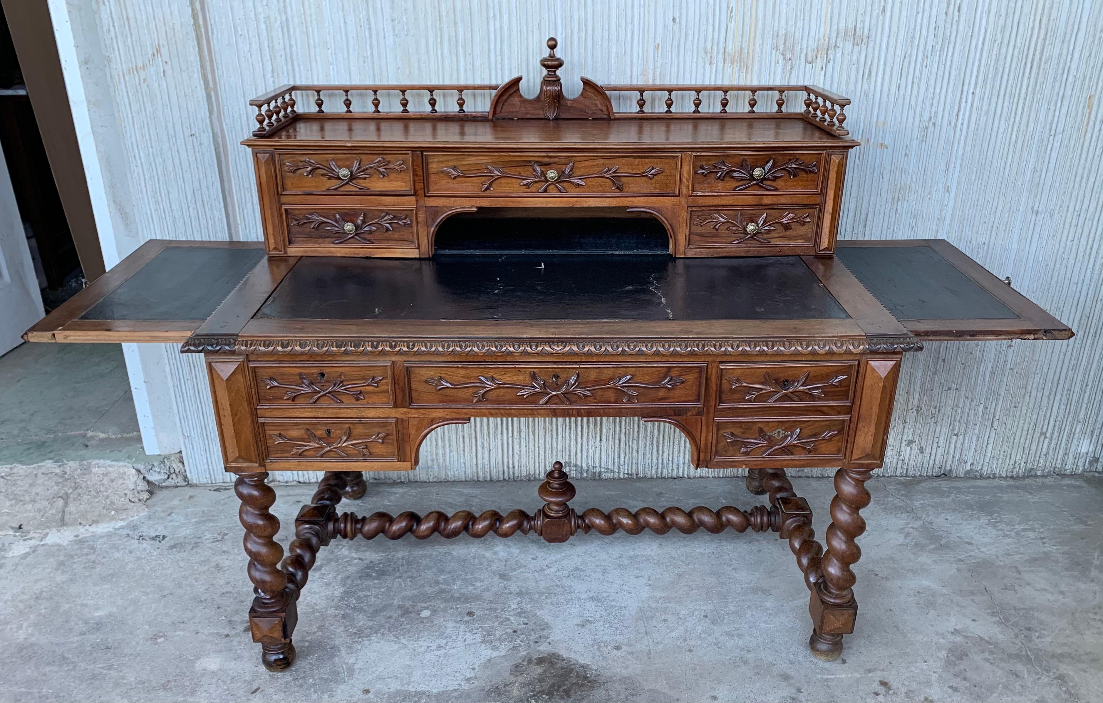 19th Carved Oak Renaissance Style Desk with Leather Top and Two Leaves 1