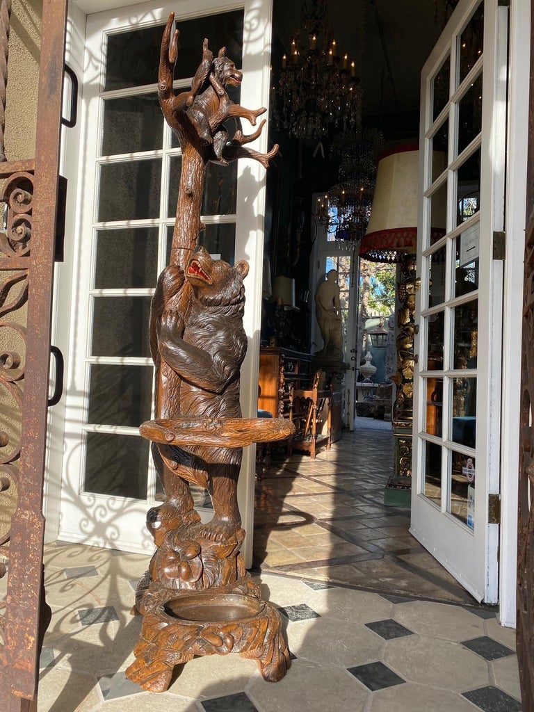 19th Carved Wood Black Forest Bears Tree Umbrella Cane Hat Stick Coat