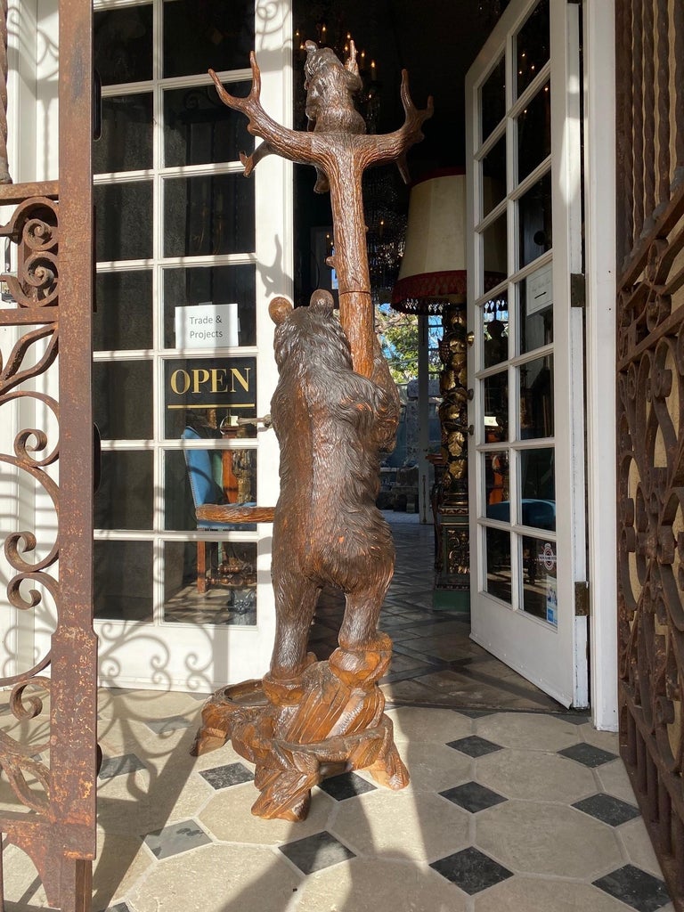 19th Carved Wood Black Forest Bears Tree Umbrella Cane Hat Stick Coat